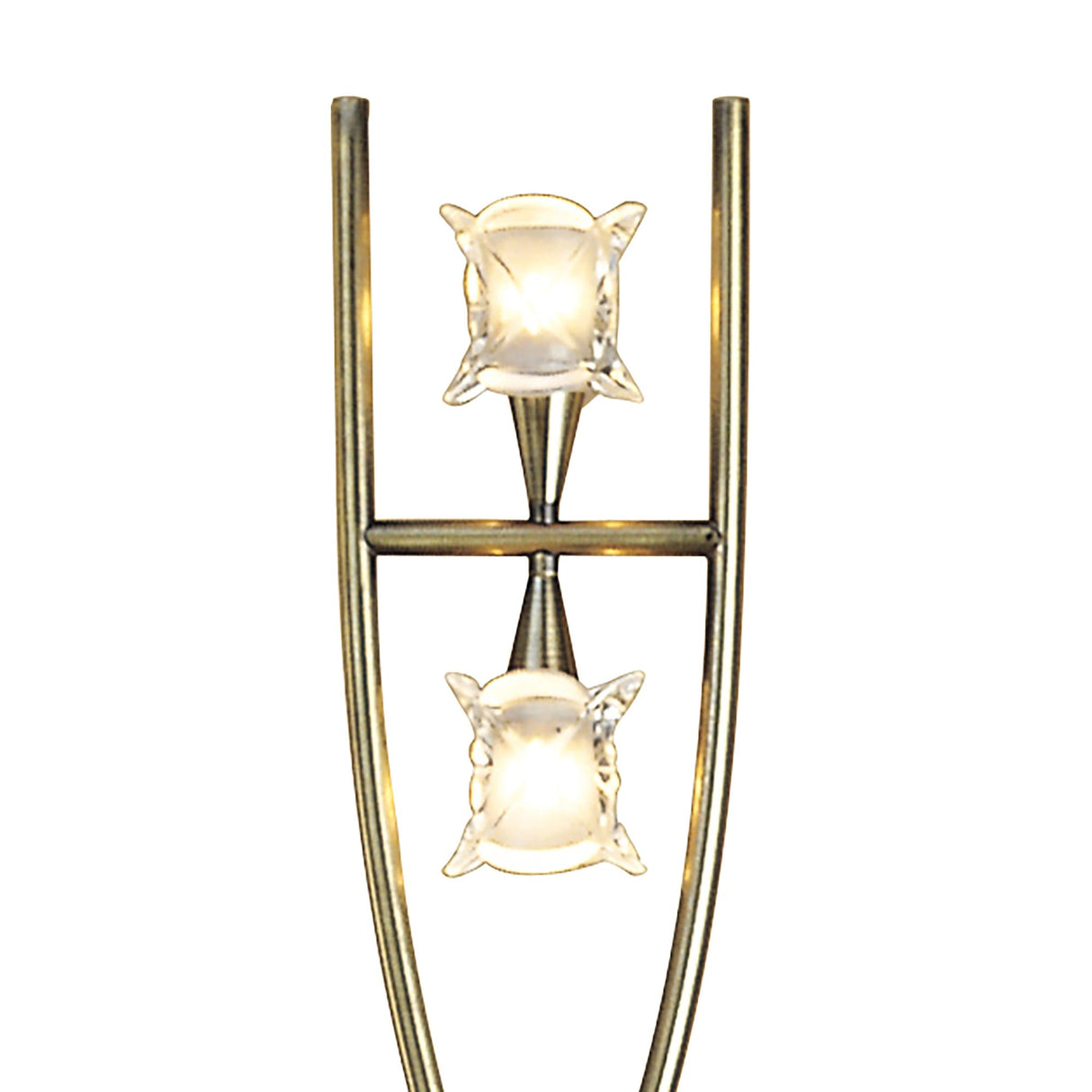 The Rosa Del Desierto 2 Light Floor Lamp in Antique Brass features two vertically aligned square glass shades on conical brass fixtures within a curved brass frame, elegantly displayed against a white background.