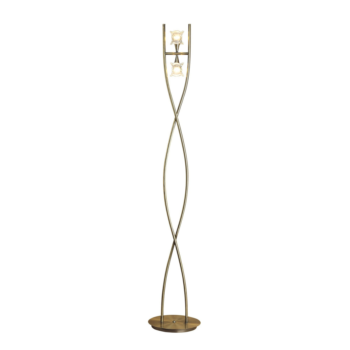 The Rosa Del Desierto 2 Light Floor Lamp features an antique brass, twisted metal frame with two exposed bulbs in rectangular holders on a round base—an elegant choice to add ambient lighting and modern style to any room.