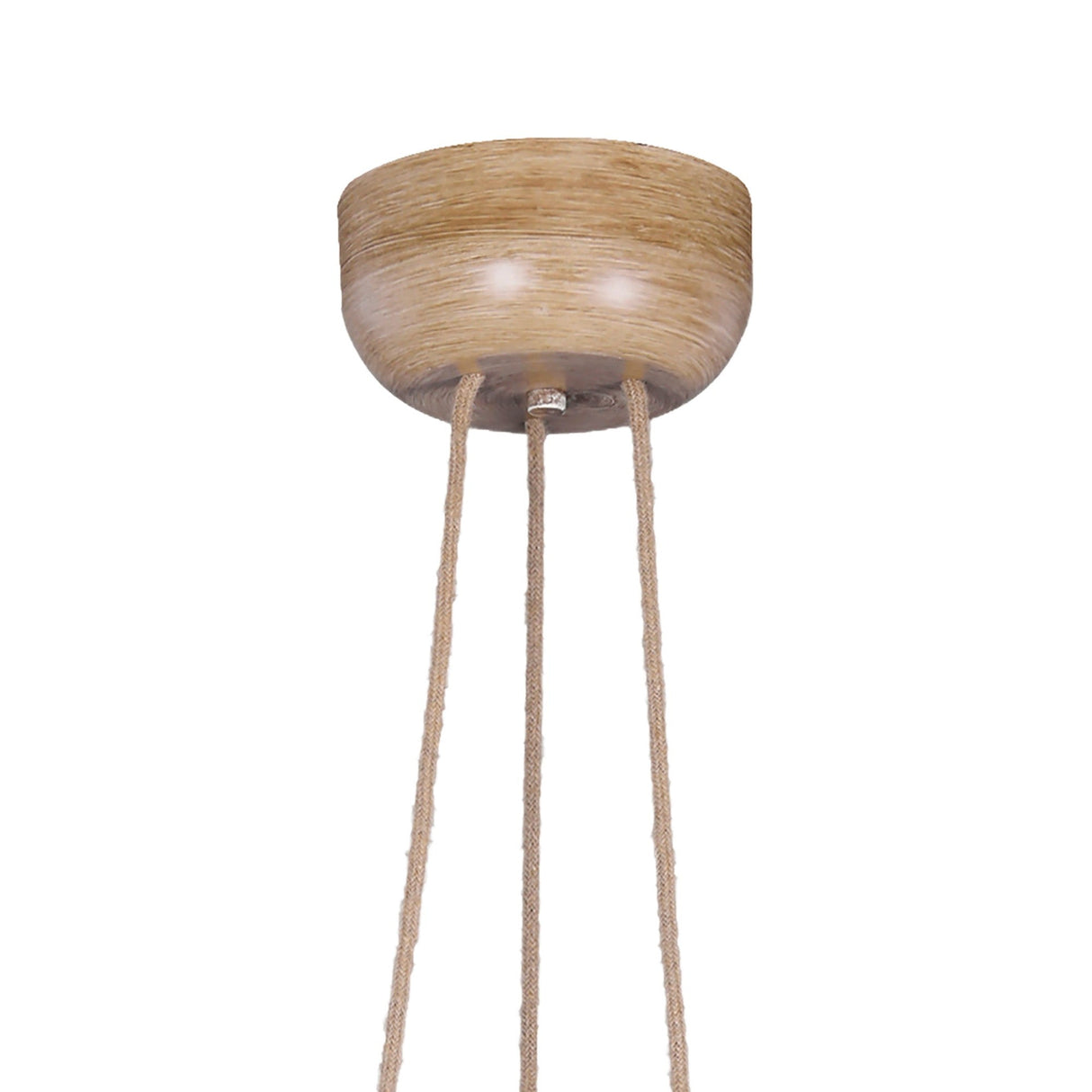 Mantra Sabina cluster pendant ceiling canopy in imitation wood finish with three braided fabric cords descending against a white background.
