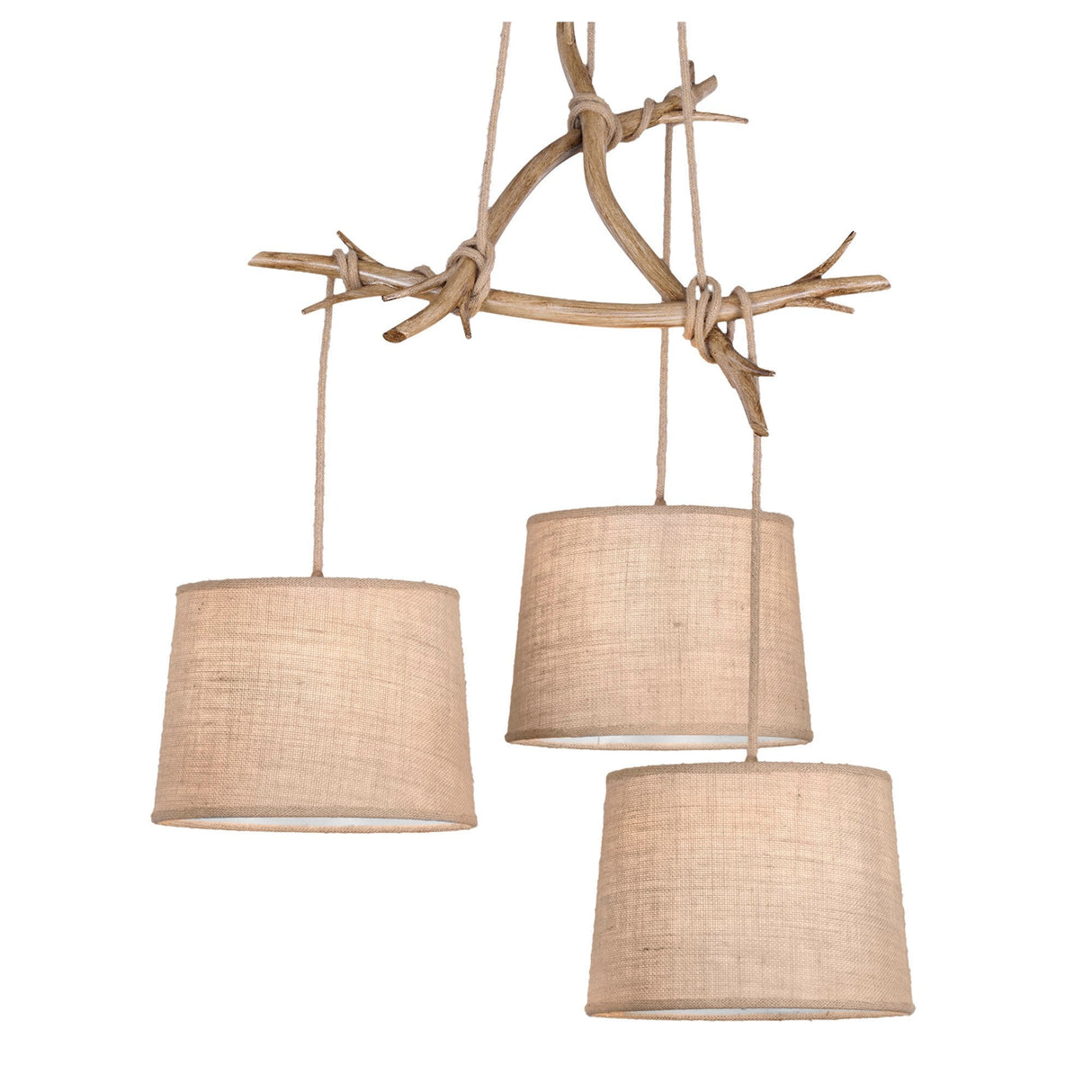 Mantra Sabina 3 light cluster pendant with imitation wood branch frame and three beige linen drum shades on fabric cords, shown on a white background.
