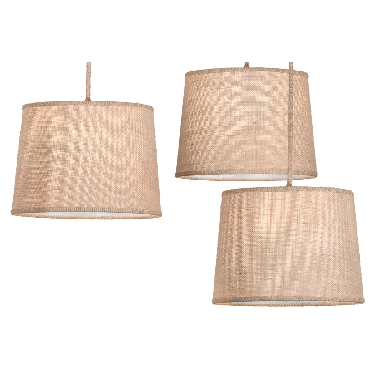 Mantra Sabina 3 light cluster pendant with beige linen drum shades on fabric-covered cords, shown on a plain white background.