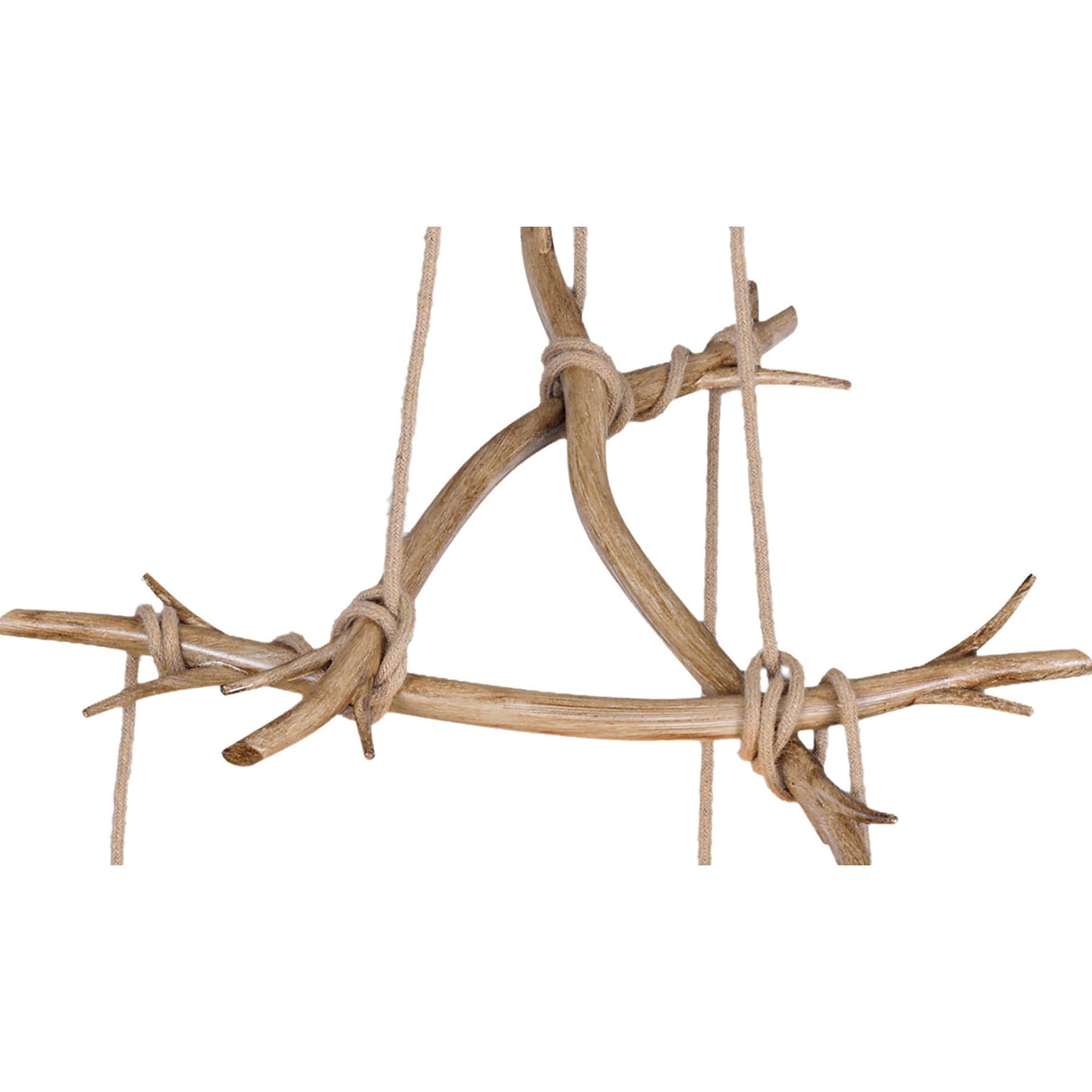 Close-up of the Mantra Sabina cluster pendant showing the imitation wood branch-like frame with hand-knotted fabric cords against a white background.