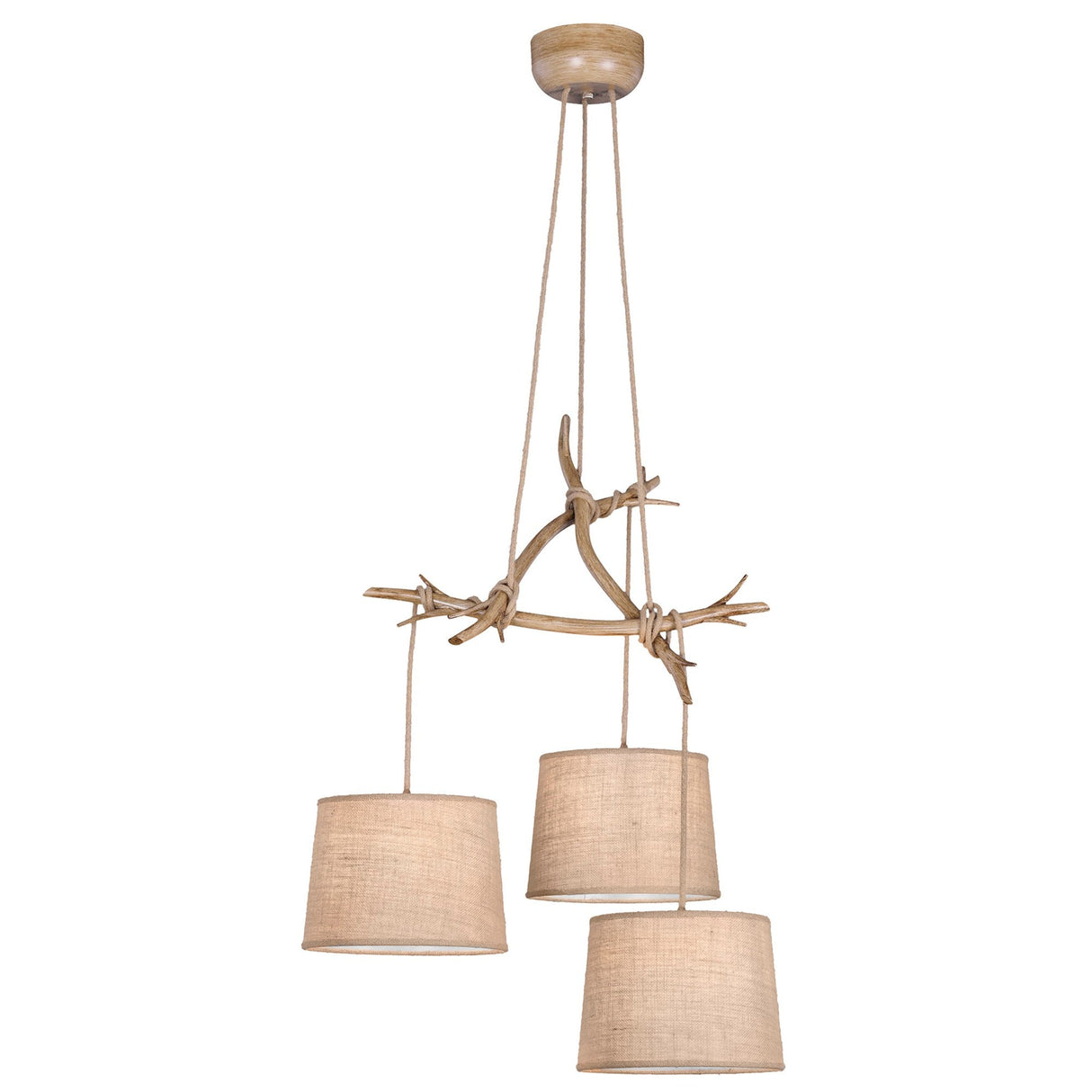 Mantra Sabina 3 light cluster pendant with imitation wood branch-style frame, hand-knotted cords and beige linen drum shades on a white background.