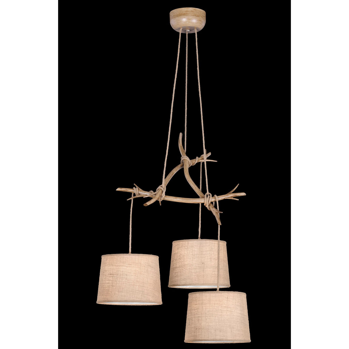 Mantra Sabina 3 light cluster pendant with imitation wood branch-style frame, hand-knotted cords and beige linen drum shades on a black background.