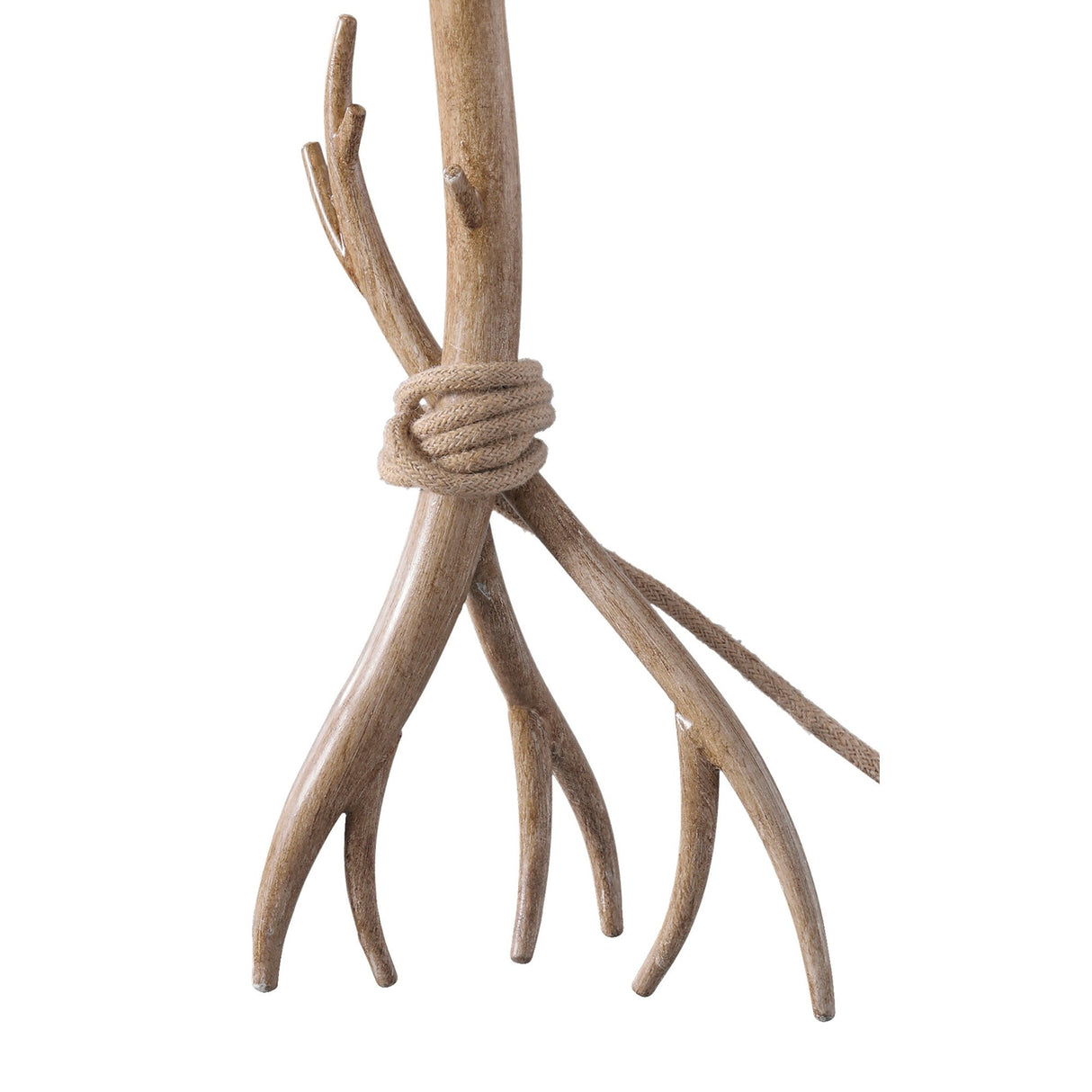 The Sabina 1 Light Table Lamp features a tripod-style brown wood base tied with beige rope and comes with a linen shade, creating a rustic look perfect for any space.