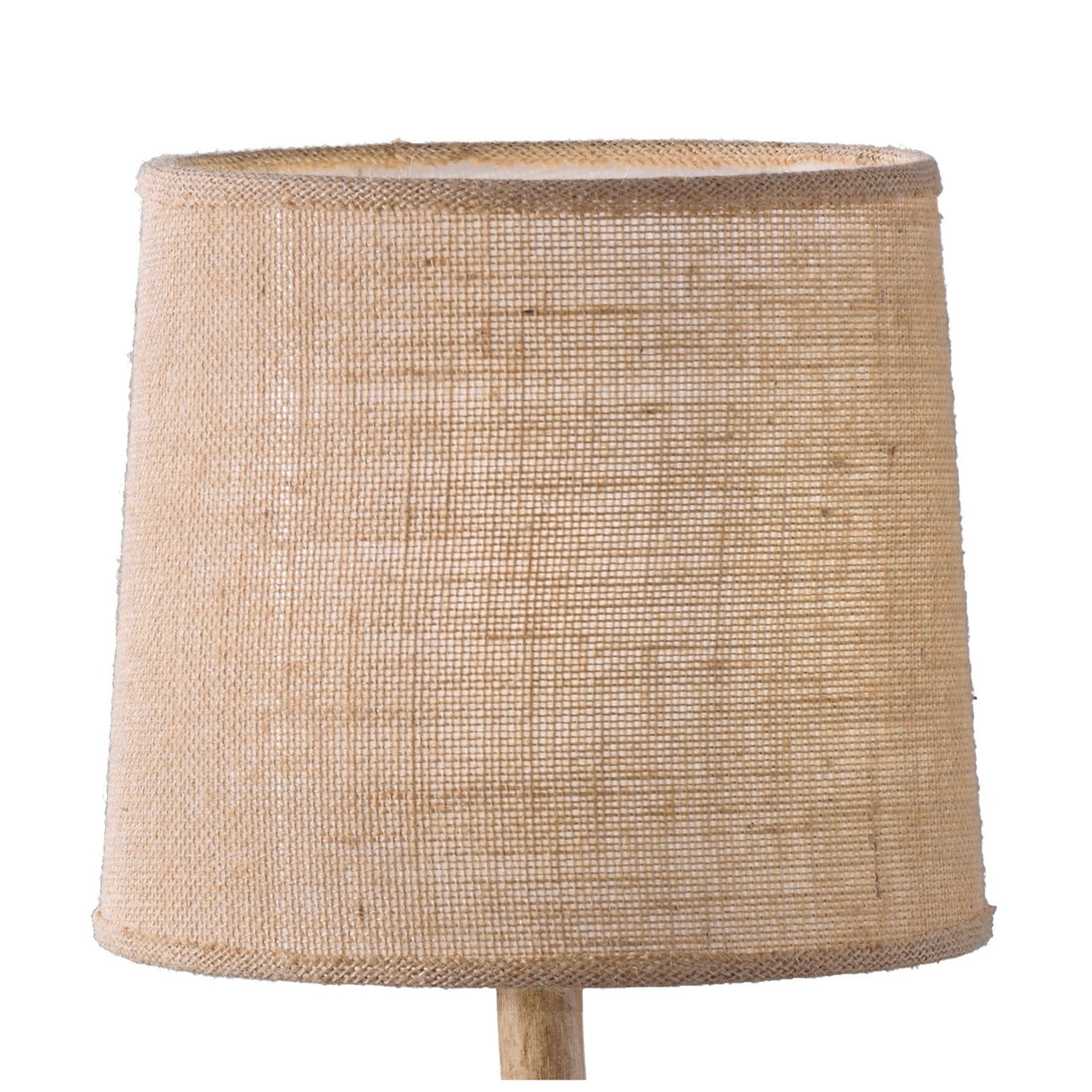 The Sabina 1 Light Table Lamp features a brown wooden base and a beige linen cylindrical shade with textured weave, shown against a white background, adding contemporary style to any room.