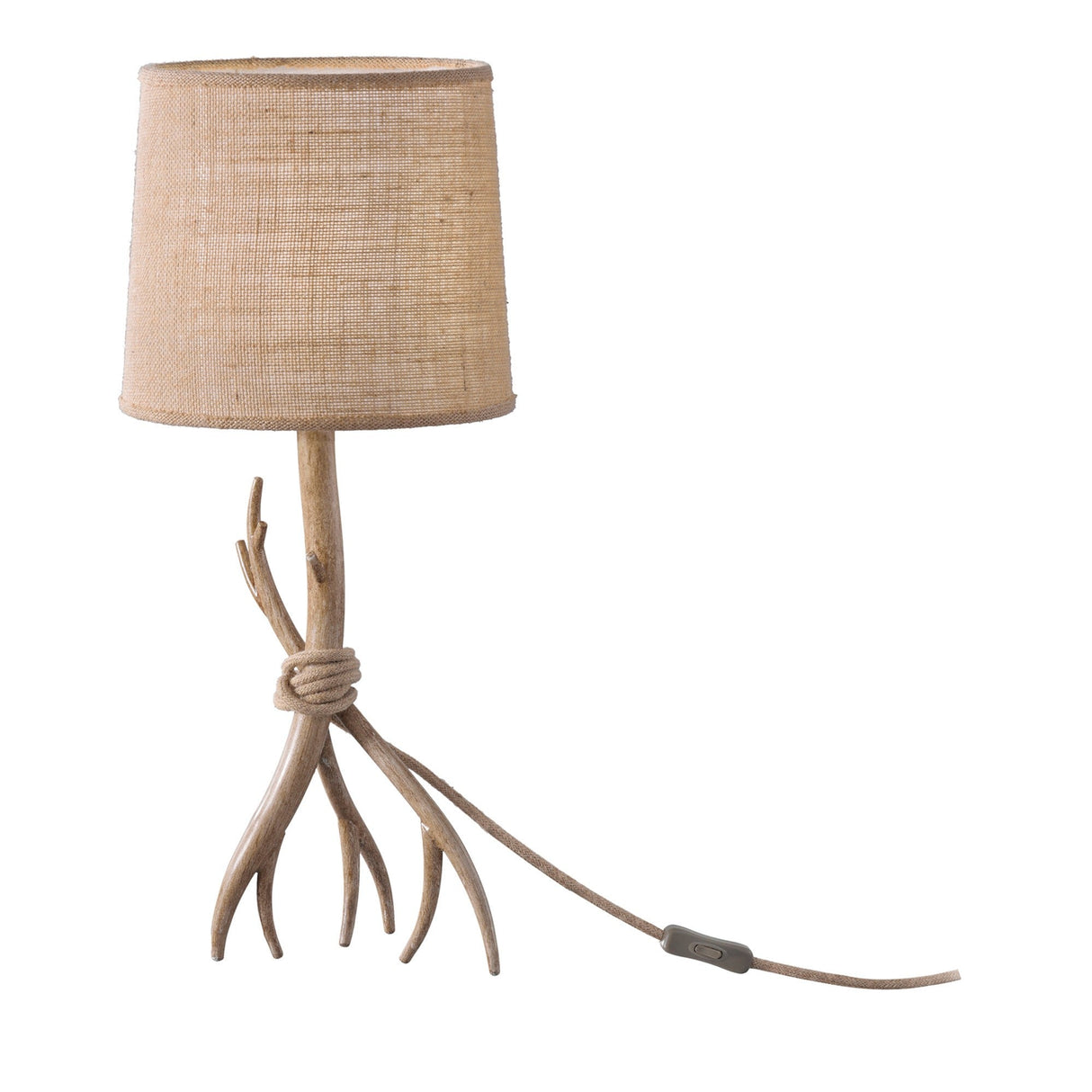 The Sabina 1 Light Table Lamp features a brown wooden base with a branch-like design, a linen shade, matching cord, and inline switch, adding rustic charm to any space.