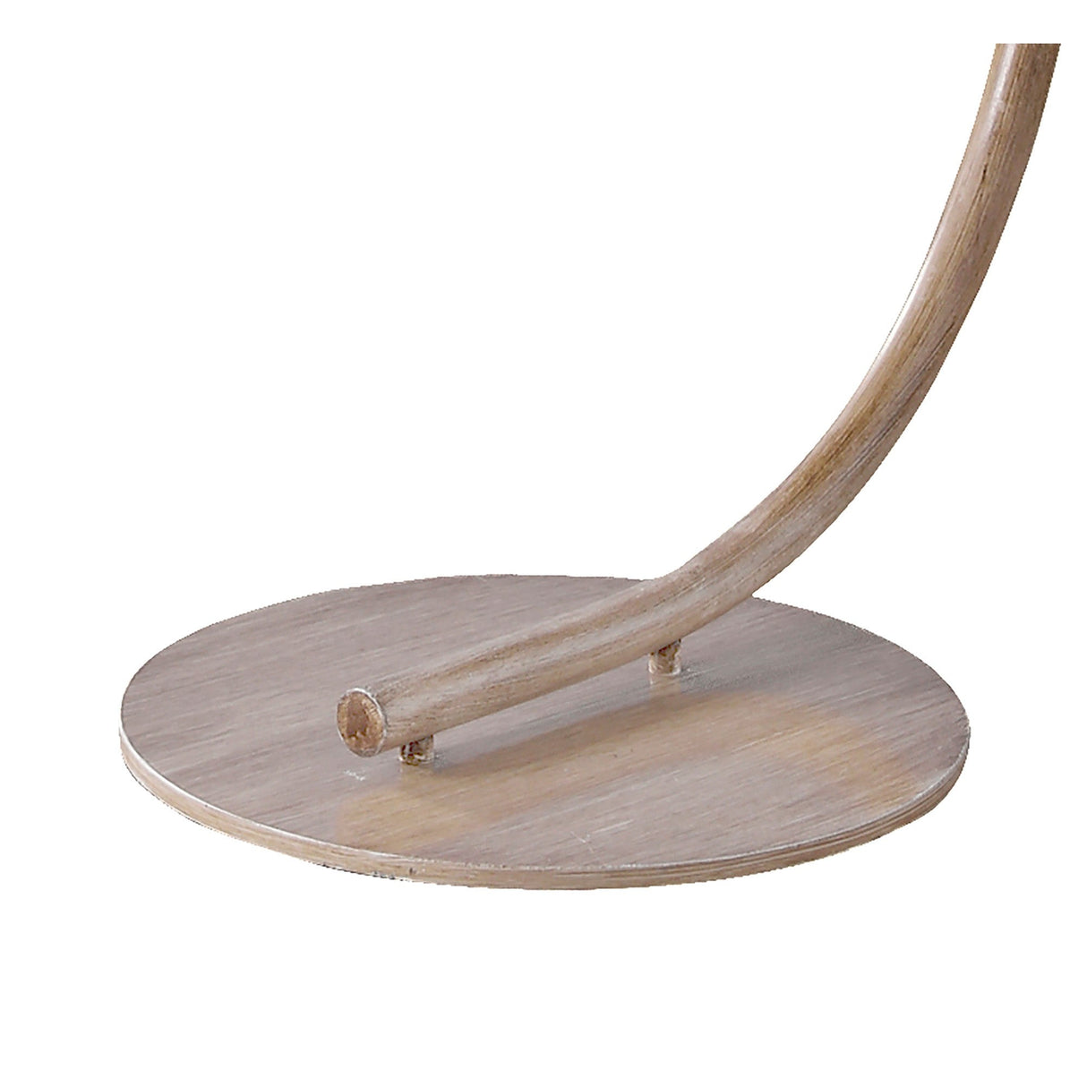 A close-up of the Sabina 1 Light Floor Lamp in brown with a linen shade, featuring a curved wooden rod and round base—ideal for adding bohemian flair or rustic accent lighting to your space.