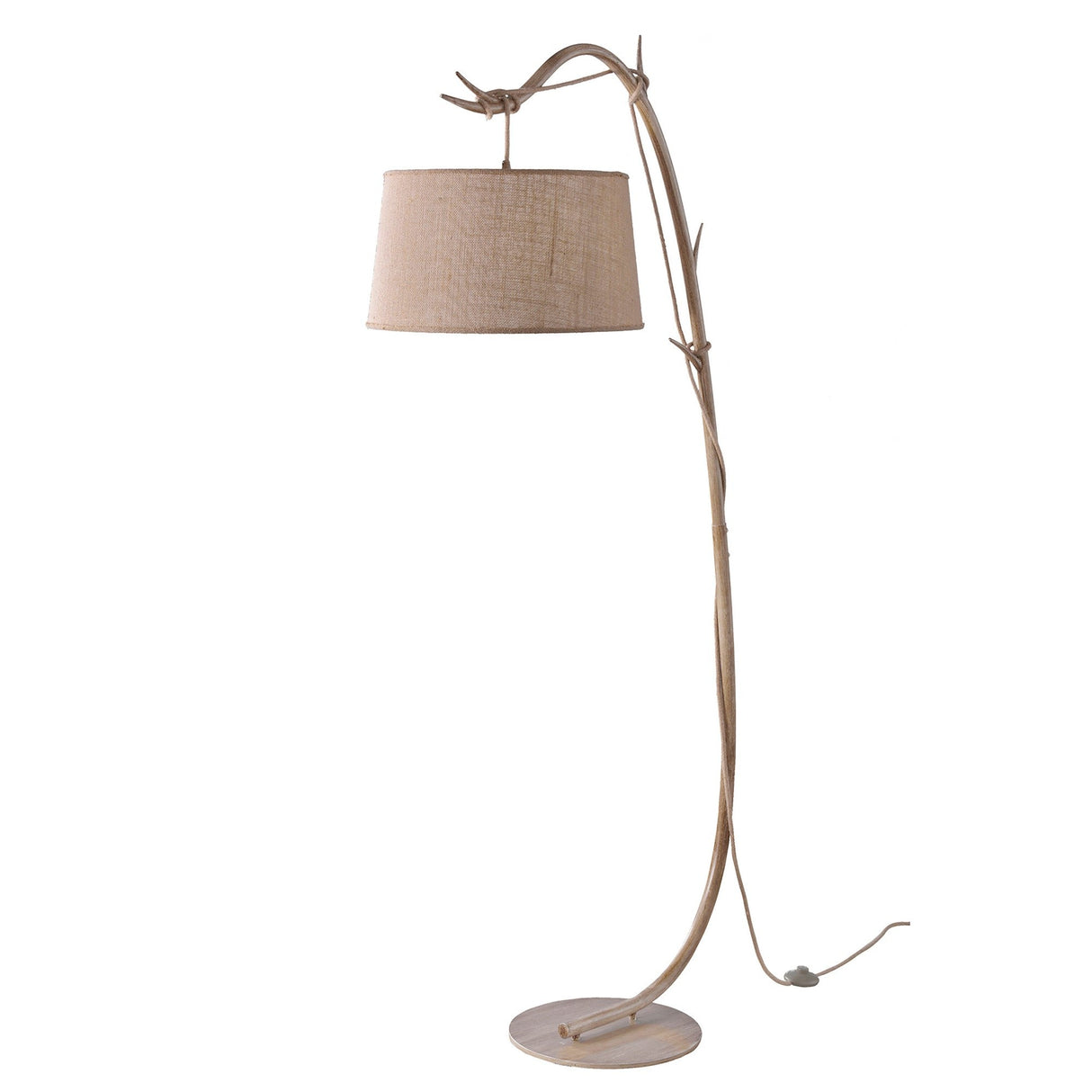 The Sabina 1 Light Floor Lamp features a natural, branch-like brown wooden stem on a round base with a beige linen shade and exposed cord—ideal for adding rustic flair to bohemian spaces.