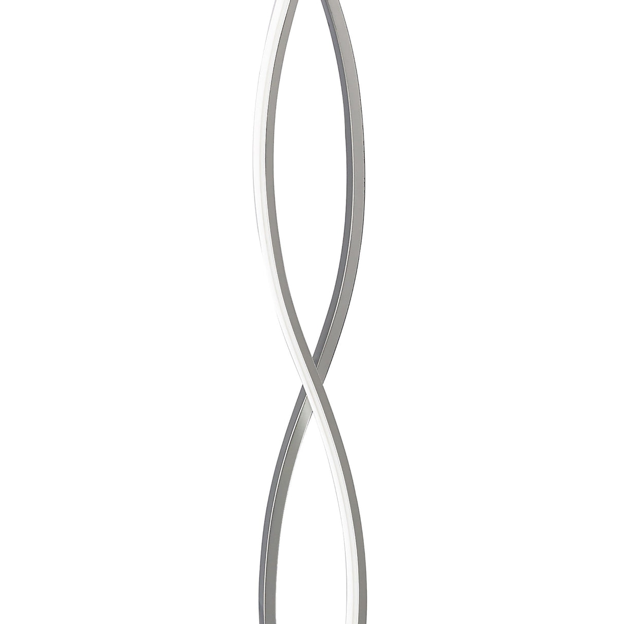 The Sahara LED Floor Lamp 21W 3000K in Silver & Chrome features two sleek, curved light strips twisting in a double helix design, providing elegant ambient lighting.