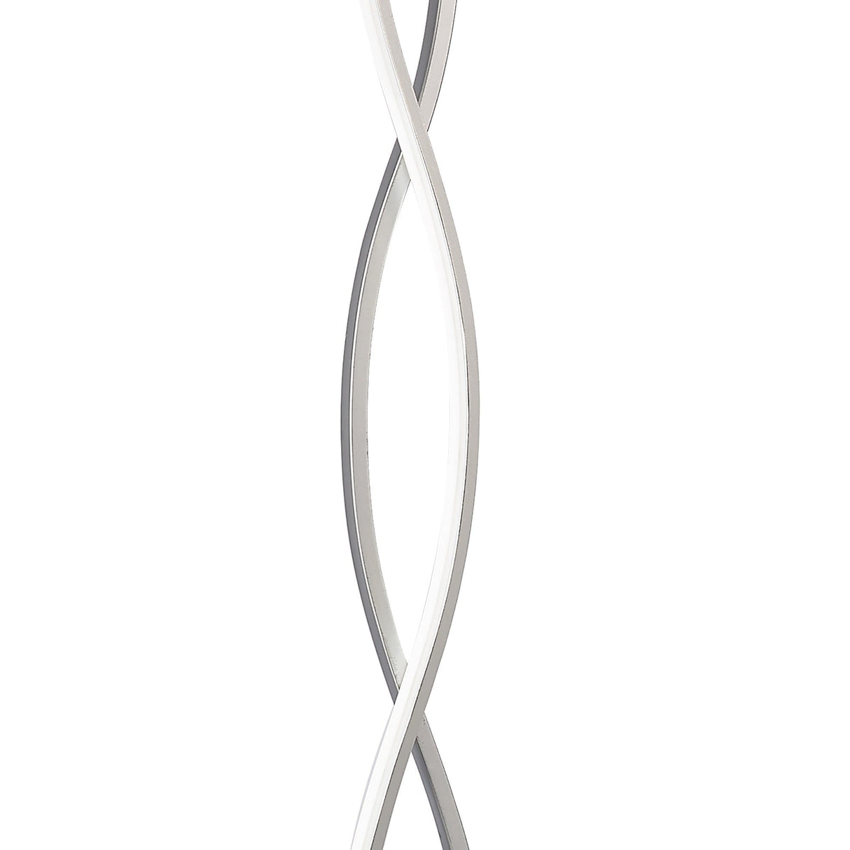 The Sahara LED Floor Lamp 21W 3000K in Silver & Chrome features two intertwined rods forming a modern double helix, providing ambient lighting and making a striking statement against a plain white background.