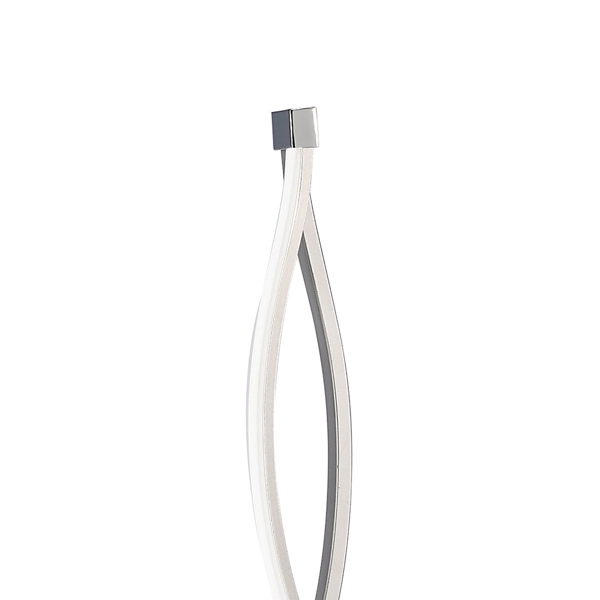The Sahara LED Floor Lamp 21W 3000K in Silver & Chrome features two curved white light bars twisting upward from a square silver base, offering sleek, modern ambient lighting—ideal for minimalist spaces.