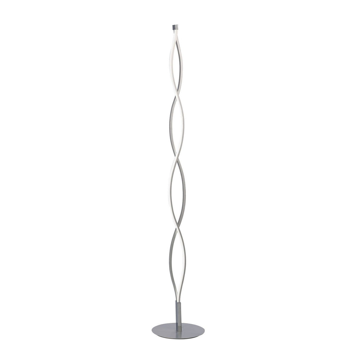 The Sahara LED Floor Lamp 21W 3000K in Silver & Chrome features a tall, twisted double-helix design with a round base, offering sculptural contemporary style and soft ambient lighting.