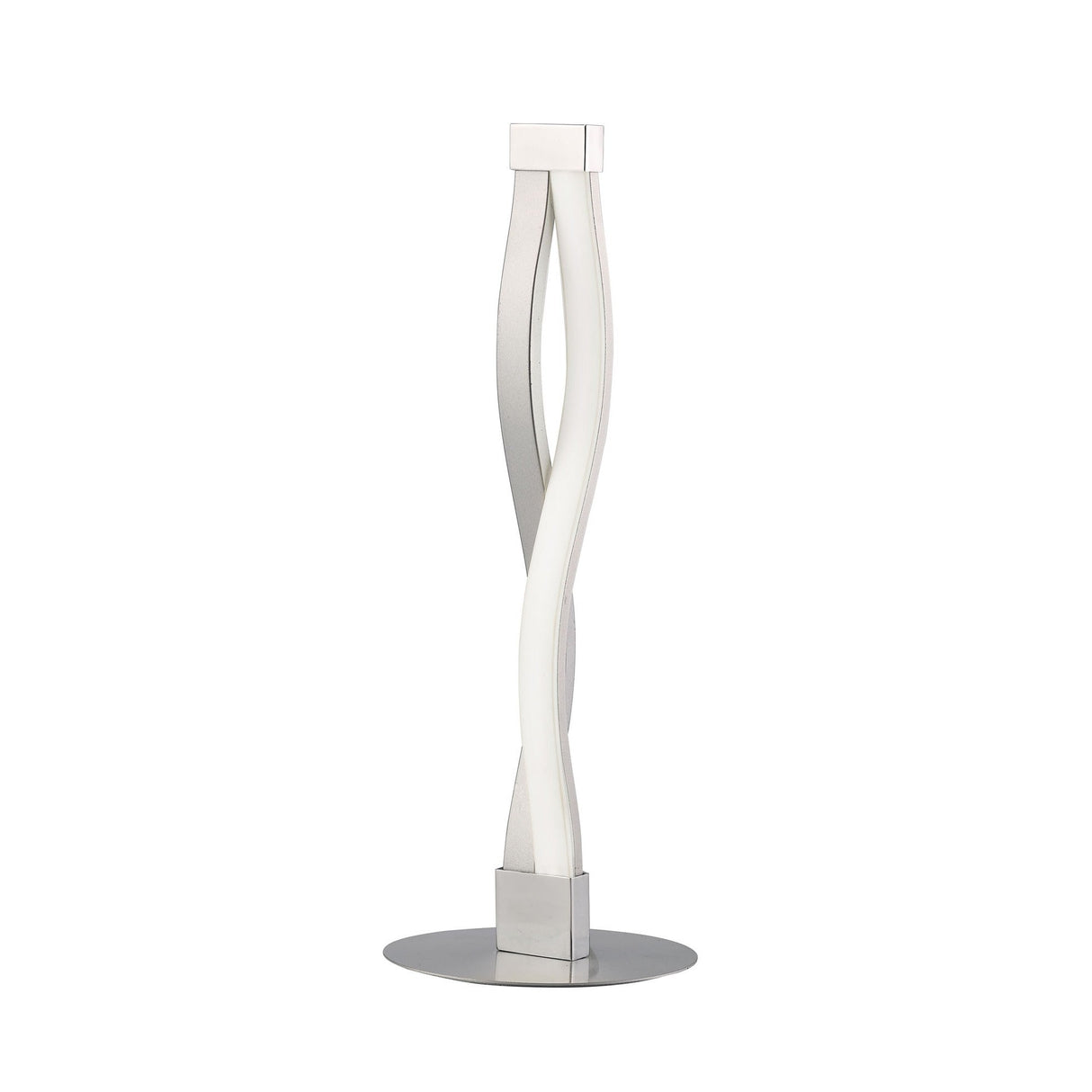 The Sahara LED Table Lamp 6W 3000K in Silver & Chrome features two twisting metal rods and a white light strip on a round base—offering modern, sculptural design and energy-efficient lighting for your space.