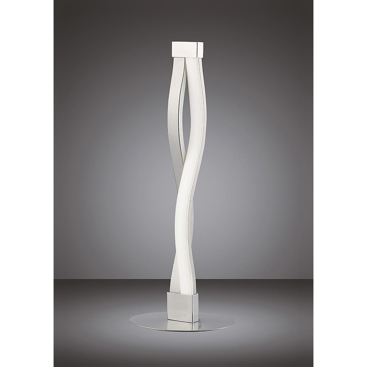 The Sahara LED Table Lamp 6W 3000K in Silver & Chrome features two twisting, ribbon-like light strips on a square base—offering stylish modern design and energy-efficient lighting, perfect for any contemporary space.