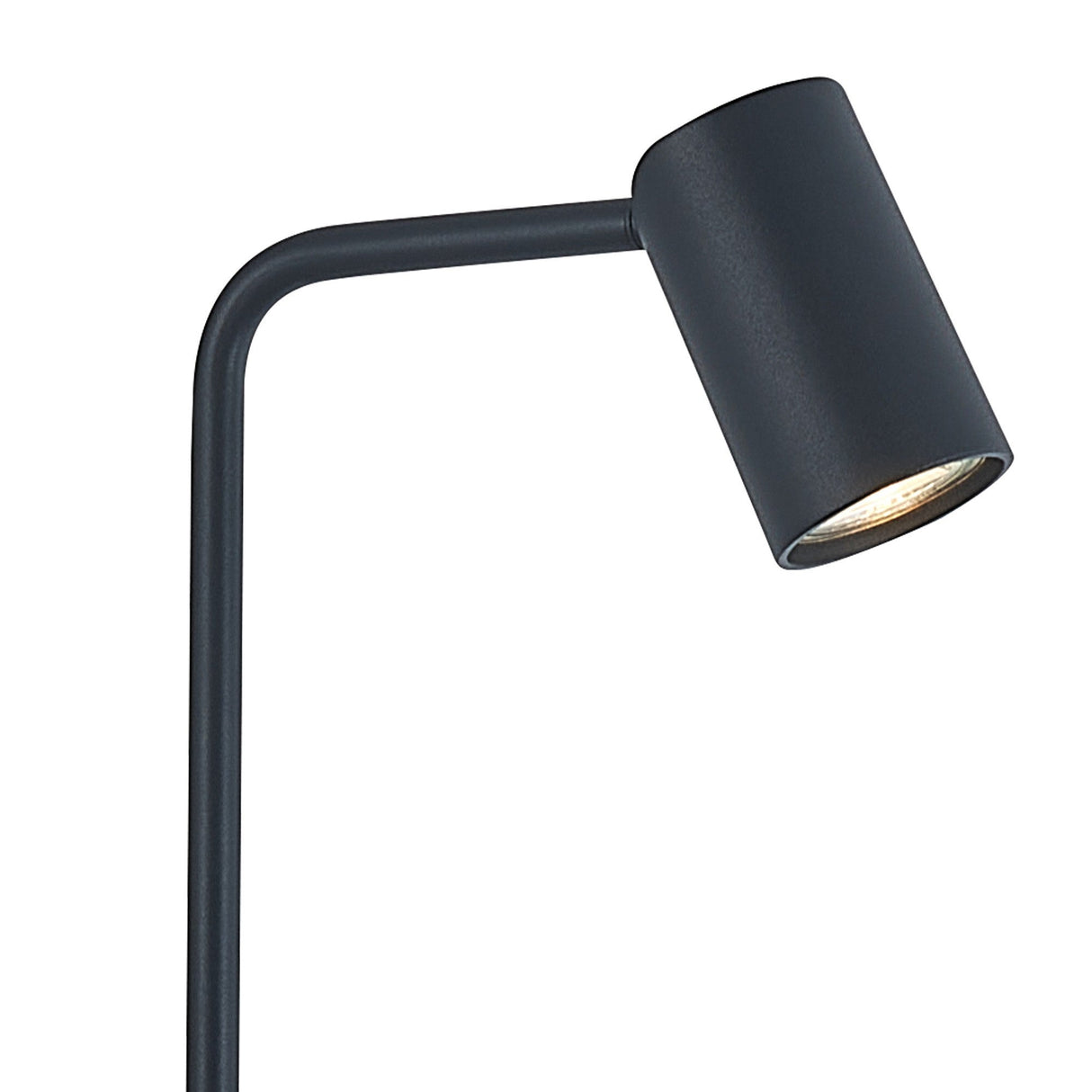 The Sal 1 Light Floor Lamp in matt black features a cylindrical head angled downward on a slim, curved stand. When turned on, it offers soft and adjustable lighting for modern interiors.
