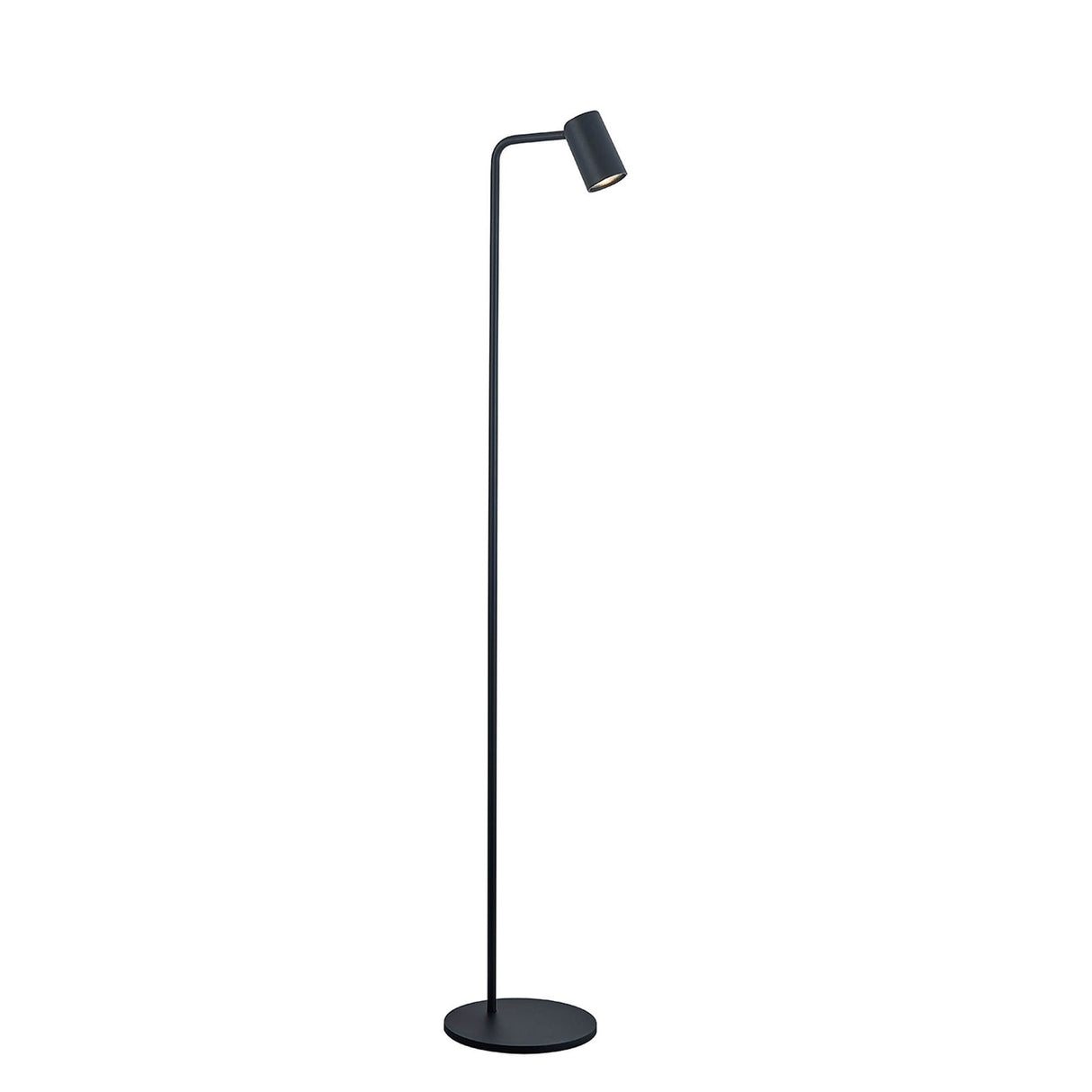 The Sal 1 Light Floor Lamp in matt black features a slim, straight pole with a small, angled cylindrical shade on top and stands on a round base, offering adjustable lighting.