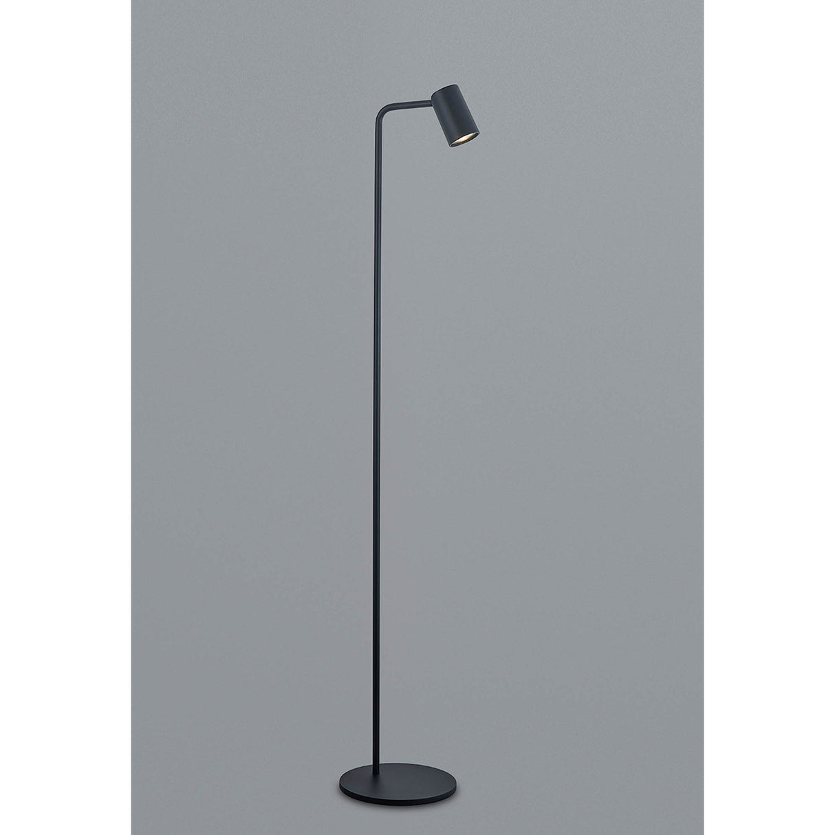 The Sal 1 Light Floor Lamp in matt black features a slim, minimalist design with a cylindrical shade and round base, providing adjustable lighting. Its sleek style stands out against a plain grey background.