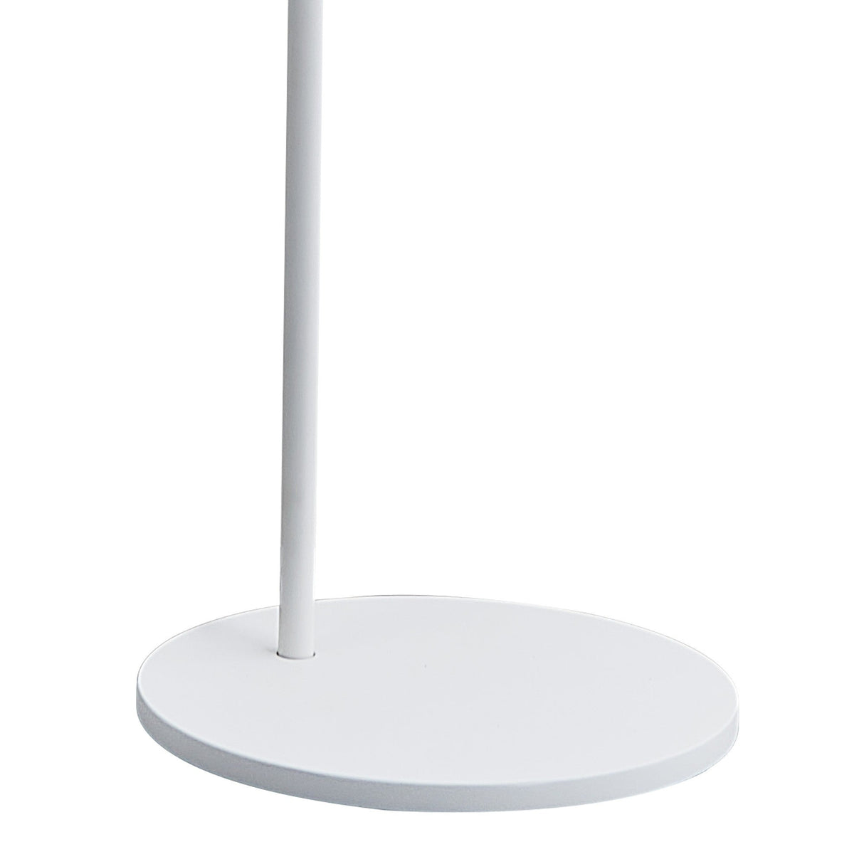 Close-up of the Sal 1 Light Floor Lamp in matt white, featuring a minimalistic round flat base and vertical pole—perfect for modern interiors, shown against a plain white background.