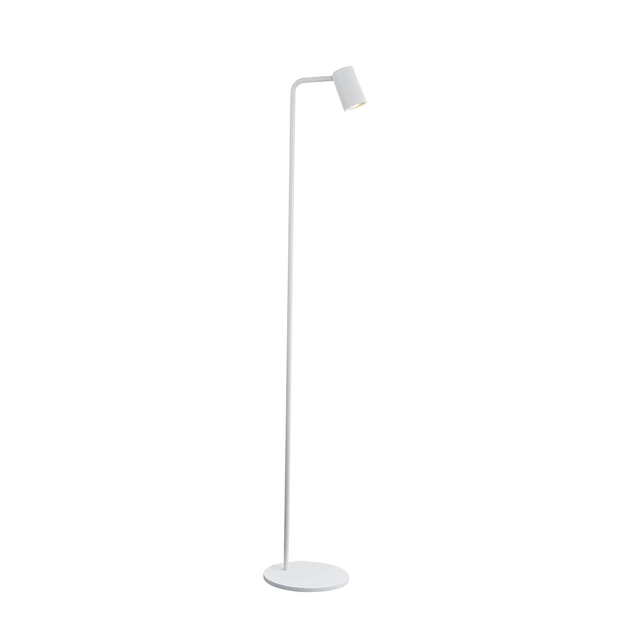 The Sal 1 Light Floor Lamp in matt white features a slim, straight pole, round base, and a small angled cylindrical shade—perfect for modern interiors seeking minimalist style and simple elegance.