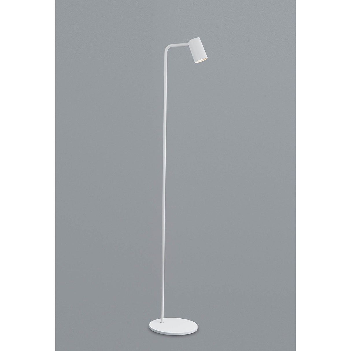 The Sal 1 Light Floor Lamp in matt white features a slim, curved stem, adjustable spotlight head, and round base—perfect for modern interiors and shown here against a plain gray background.