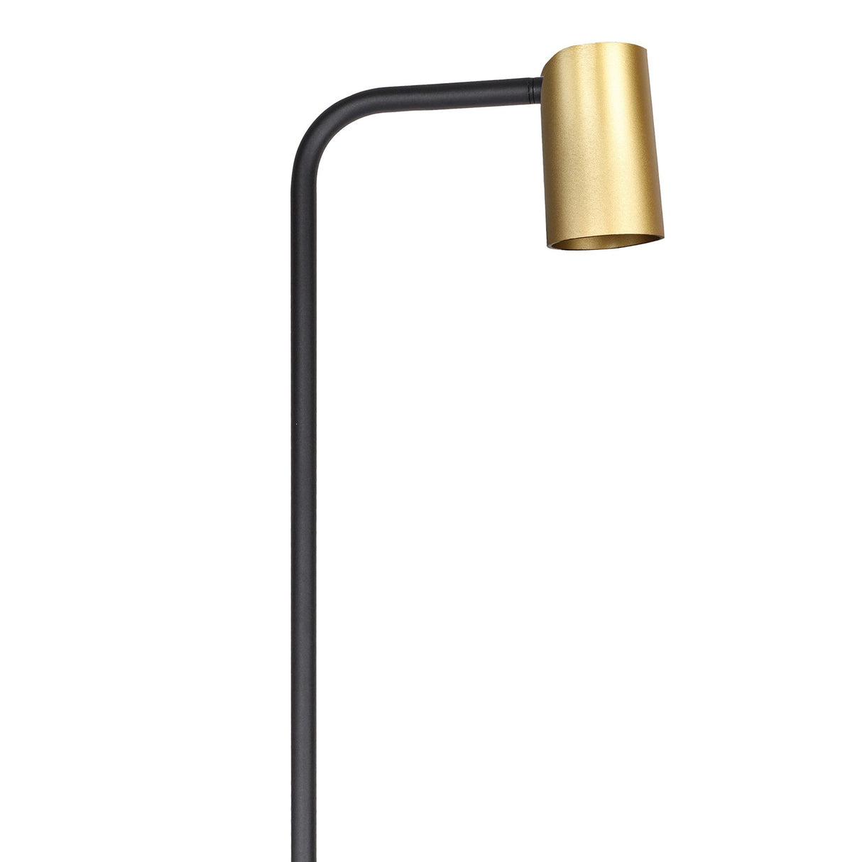 The Sal 1 Light Floor Lamp features a satin gold cylindrical shade and a matt black curved stand, shown against a white background.