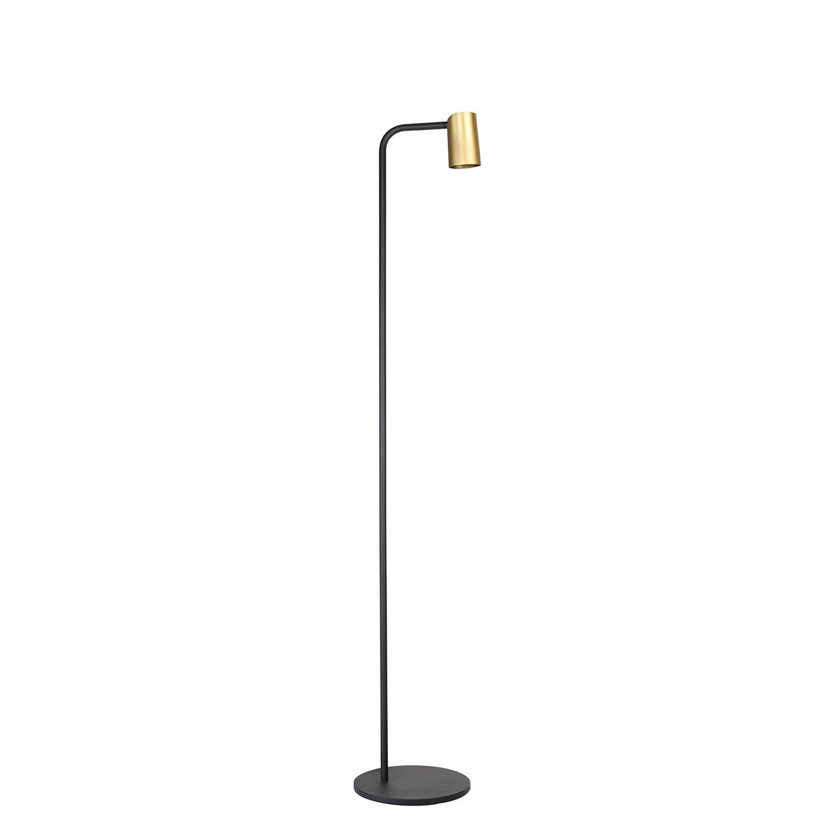 The Sal 1 Light Floor Lamp features a slim matt black stand, a cylindrical satin gold shade, and a round black base, bringing modern elegance to any space.