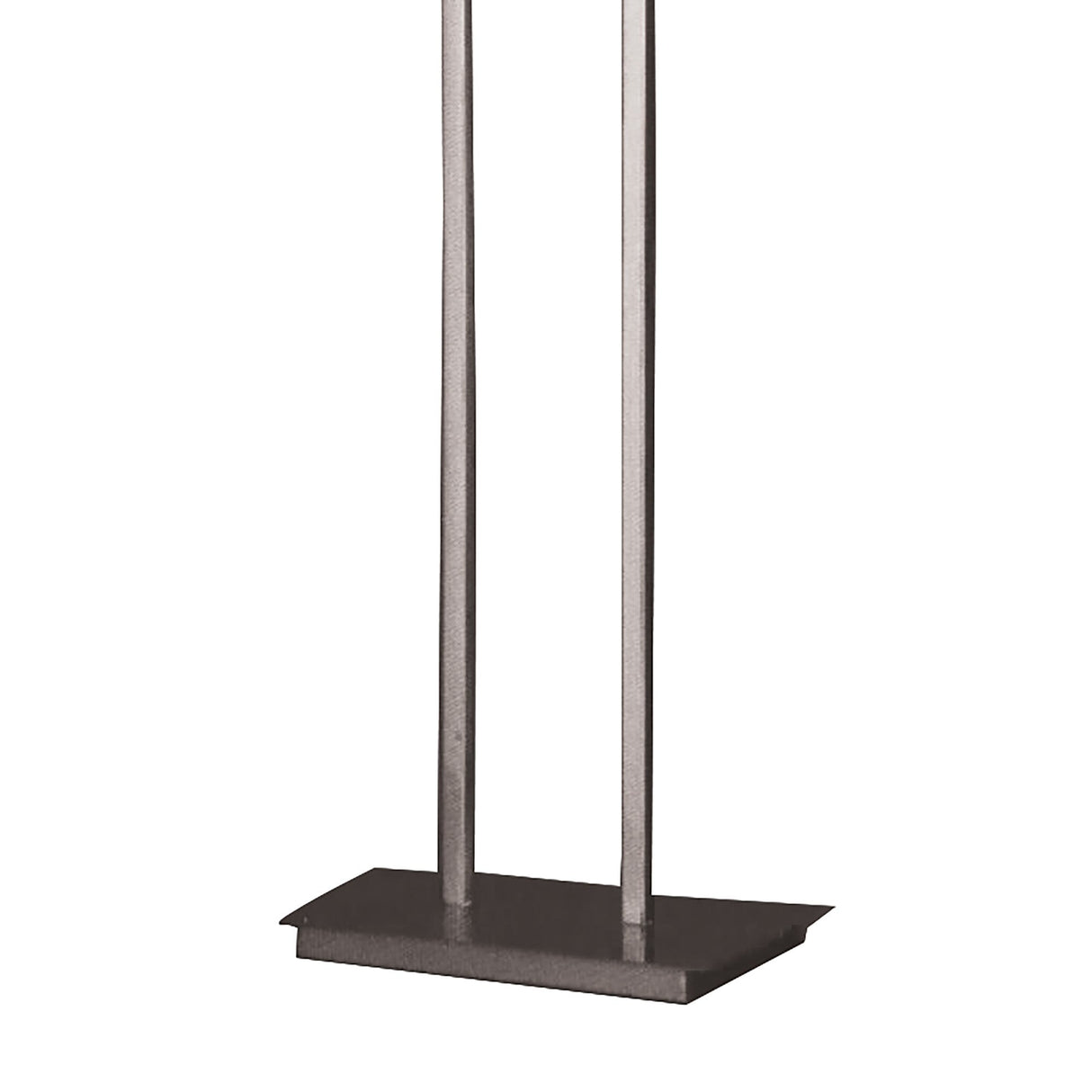 A close-up of the Salomon 4 Light Floor Lamp in Satin Nickel shows its minimalist design, featuring two vertical rods on a rectangular base, set against a plain white background.