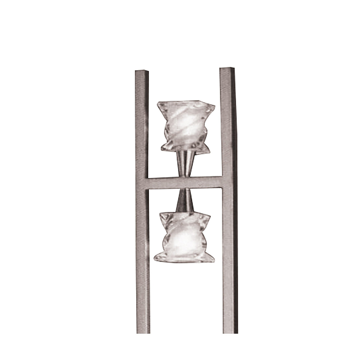 The Salomon 4 Light Floor Lamp in satin nickel features a modern, minimalist design with four frosted glass shades arranged vertically between parallel metal bars.