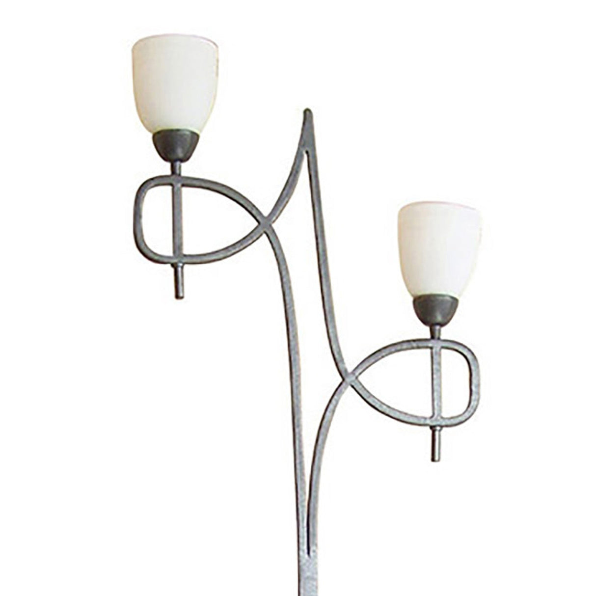 The San Marino 2 Light Opal Glass Floor Lamp features a modern pewter finish, two curved arms with upward-facing opal glass shades, and abstract looped detailing at the connection points.