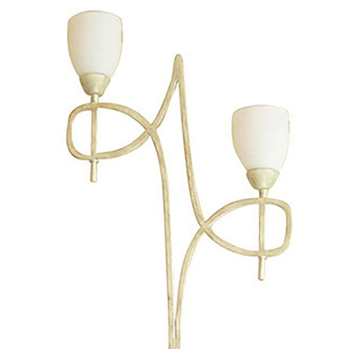 The San Marino 2 Light Opal Glass Floor Lamp in Cream & French Gold features two curved arms with upward-facing opal glass shades, offering a modern and elegant addition to any room.
