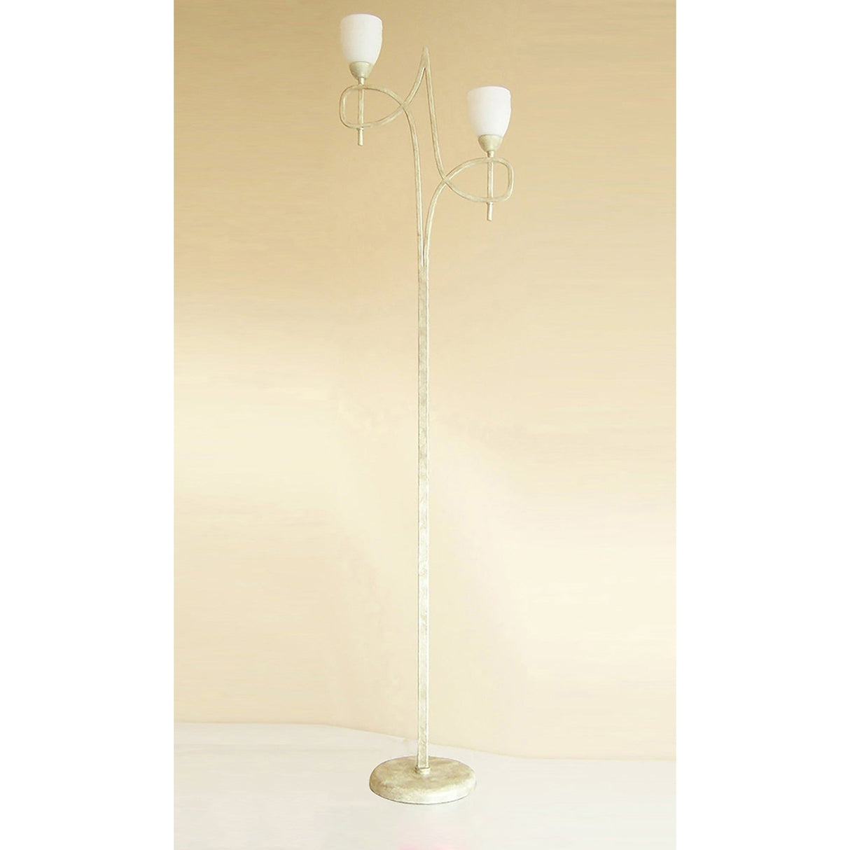 San Marino 2 Light Opal Glass Floor Lamp in cream and French gold, featuring two upward-facing opal glass shades on curved arms and a round base, displayed against a beige background.