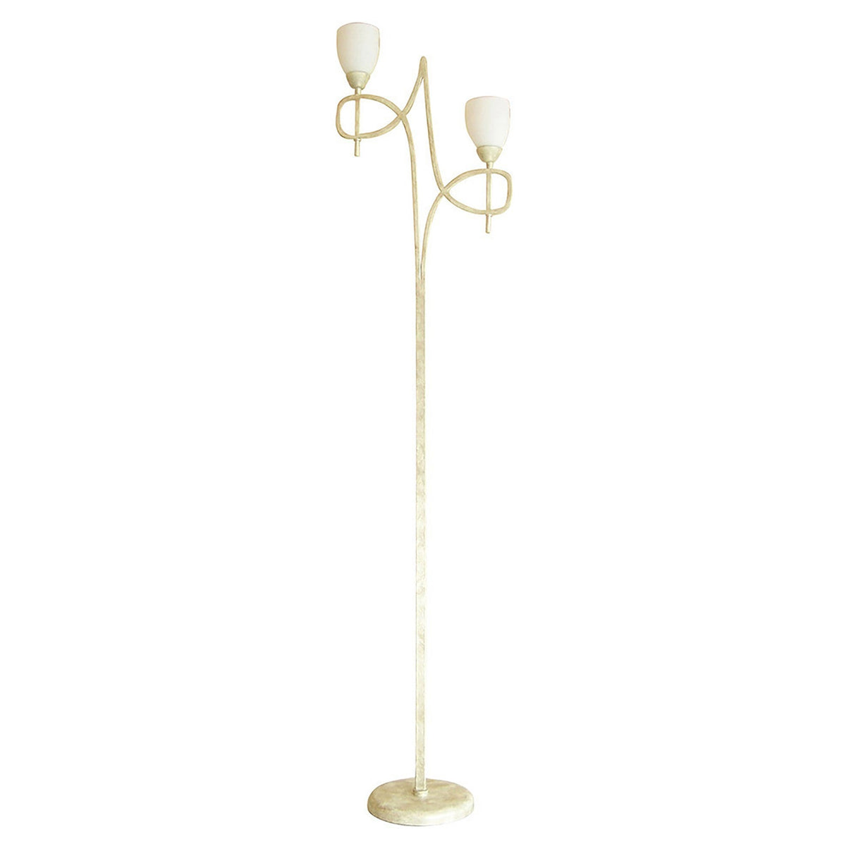 The San Marino 2 Light Opal Glass Floor Lamp in cream and French gold features two upward-facing lights with decorative curved metal accents and a round base.