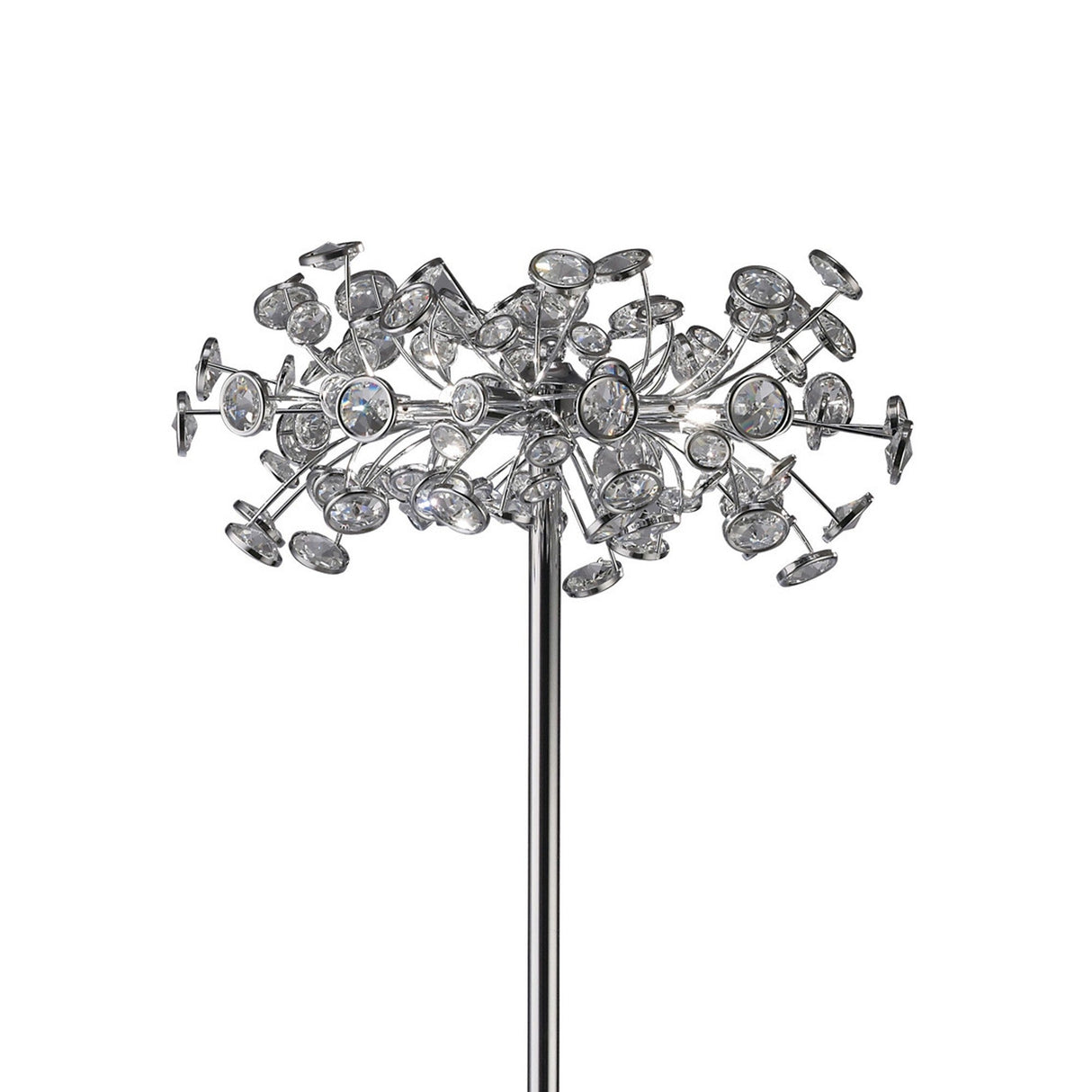 The Savanna 3 Light Crystal Floor Lamp in polished chrome features multiple crystal discs clustered in a modern spherical design, creating a striking burst effect.