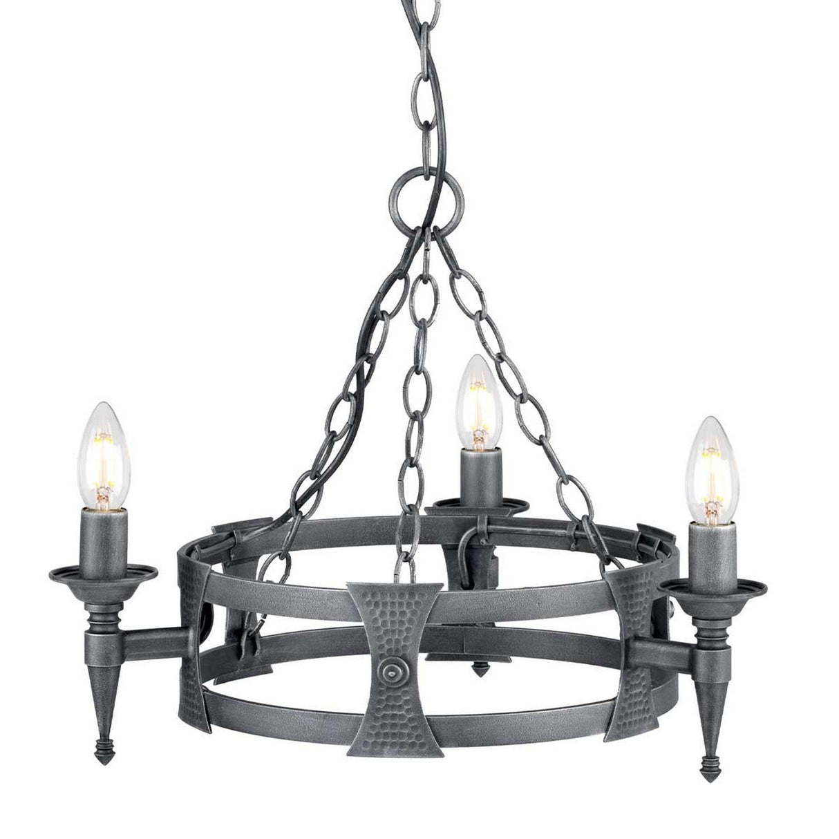 The Saxon 3 Light Chandelier - Black/Silver Patina combines a rustic, vintage-style appeal with its circular design suspended from a chain. It showcases three candle-like bulbs placed evenly on iron sconces with pointed finials, all finished in a weathered dark gray to exude medieval charm.