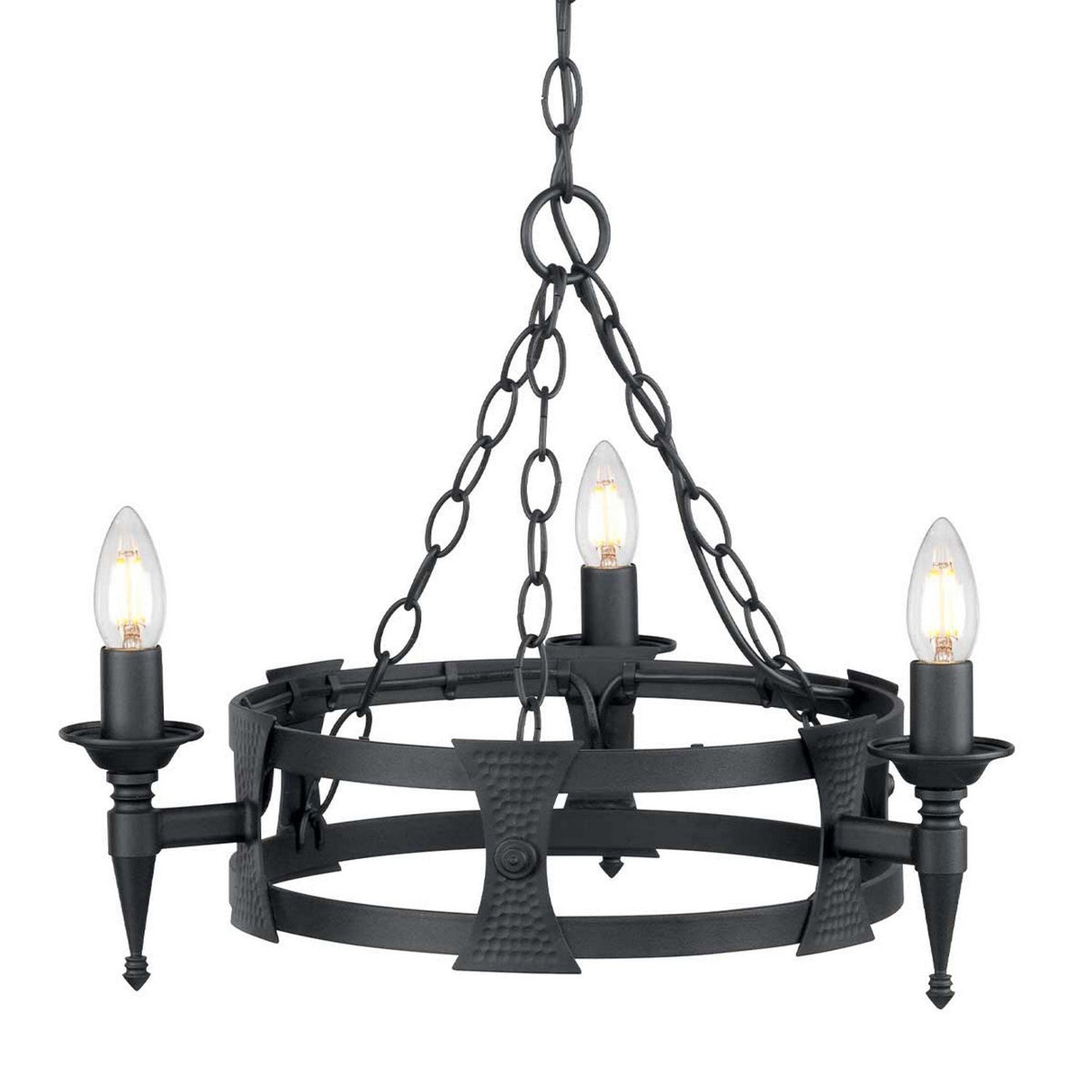 The Saxon 3 Light Chandelier - Black showcases a medieval-inspired design, featuring a black metal frame with three candle-shaped bulbs. This wrought iron creation boasts a circular form suspended by chains, providing it with an antique and rustic allure.