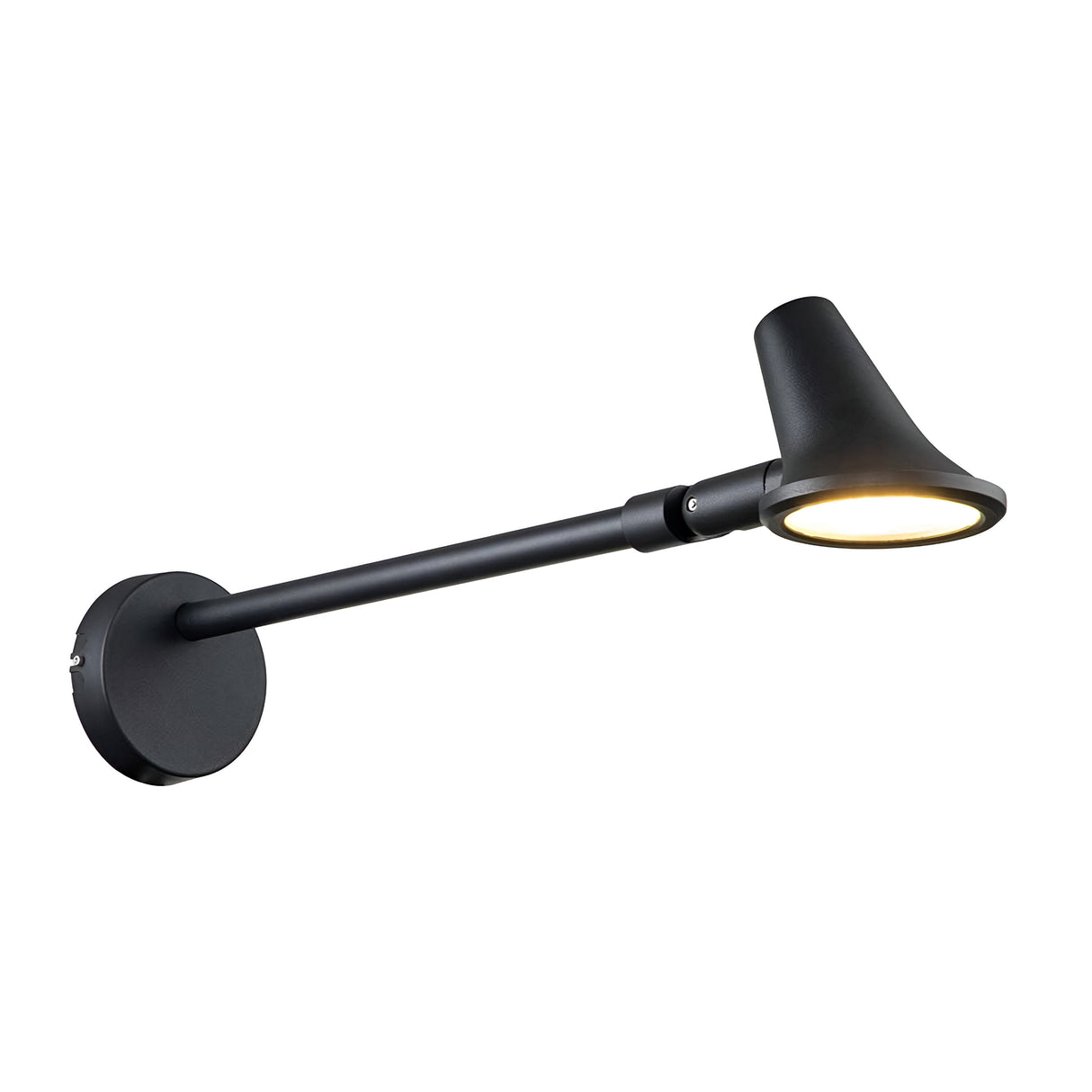 The Selma Outdoor LED Wall Light - Black is a stylish and contemporary wall sconce featuring a conical shade and an elongated arm on a round base. Designed for outdoor use, it has an adjustable directional head that emits a warm glow, perfect for enhancing architectural lighting aesthetics.