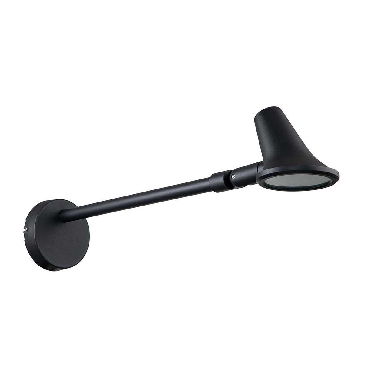 The Selma Outdoor LED Wall Light in black features an adjustable directional head and a conical shade, offering a streamlined design with a circular base ideal for architectural outdoor lighting.