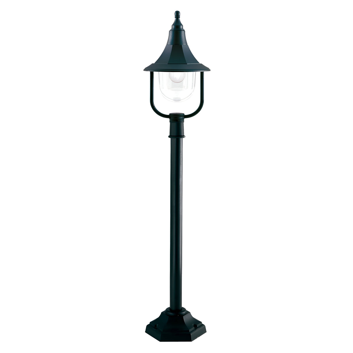 Introducing the Shannon 1 Light Pillar - Black, a classic-style lamppost featuring a clear lantern fixture that encases a bulb and is mounted on a hexagonal base. Its weather-resistant design is both simple and traditional, making it perfect for outdoor lighting.