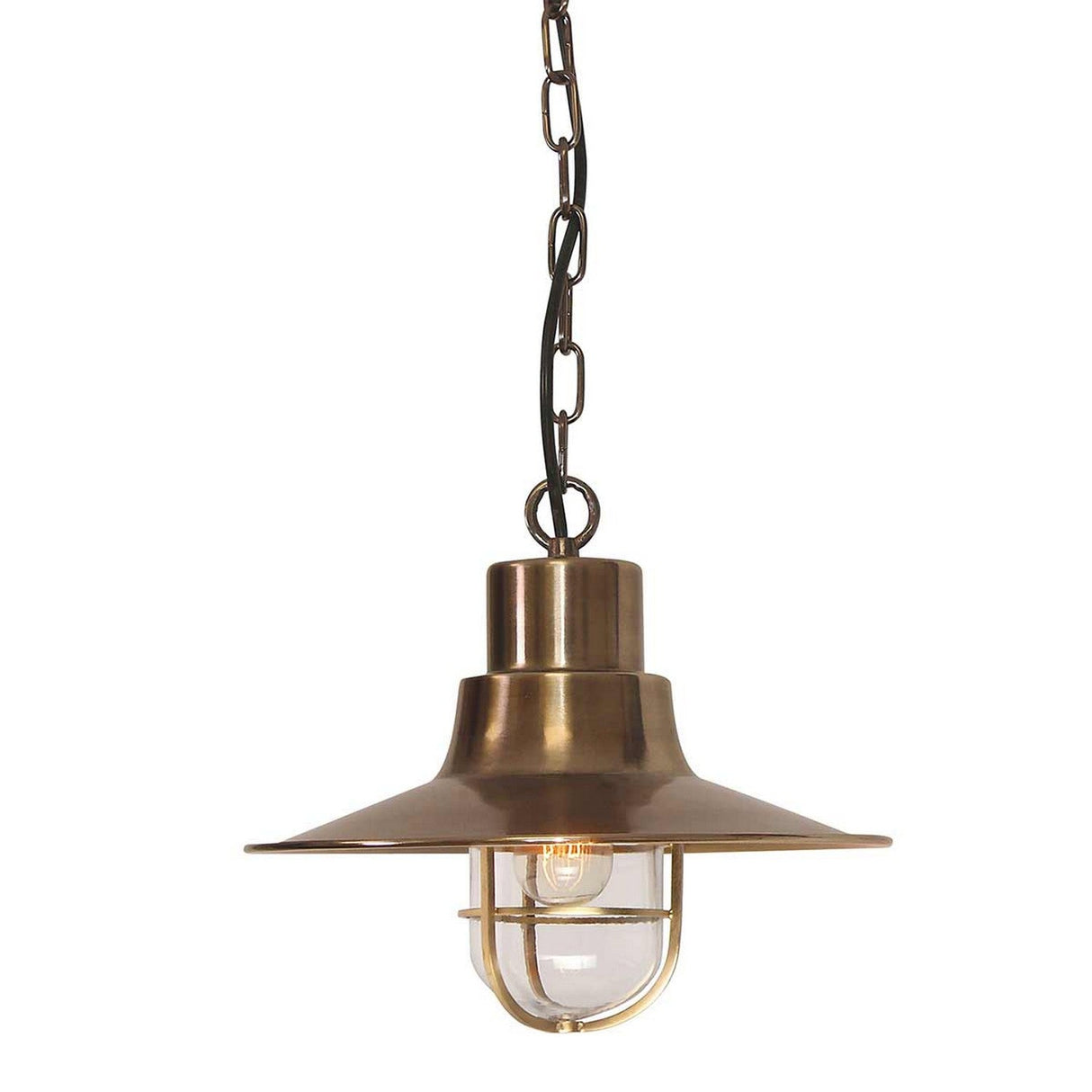 The Sheldon 1 Light Outdoor Chain Pendant in aged brass showcases an industrial-style design with a clear glass enclosure encasing the bulb. Elegantly suspended by a chain, it is an excellent choice for rustic outdoor lighting.