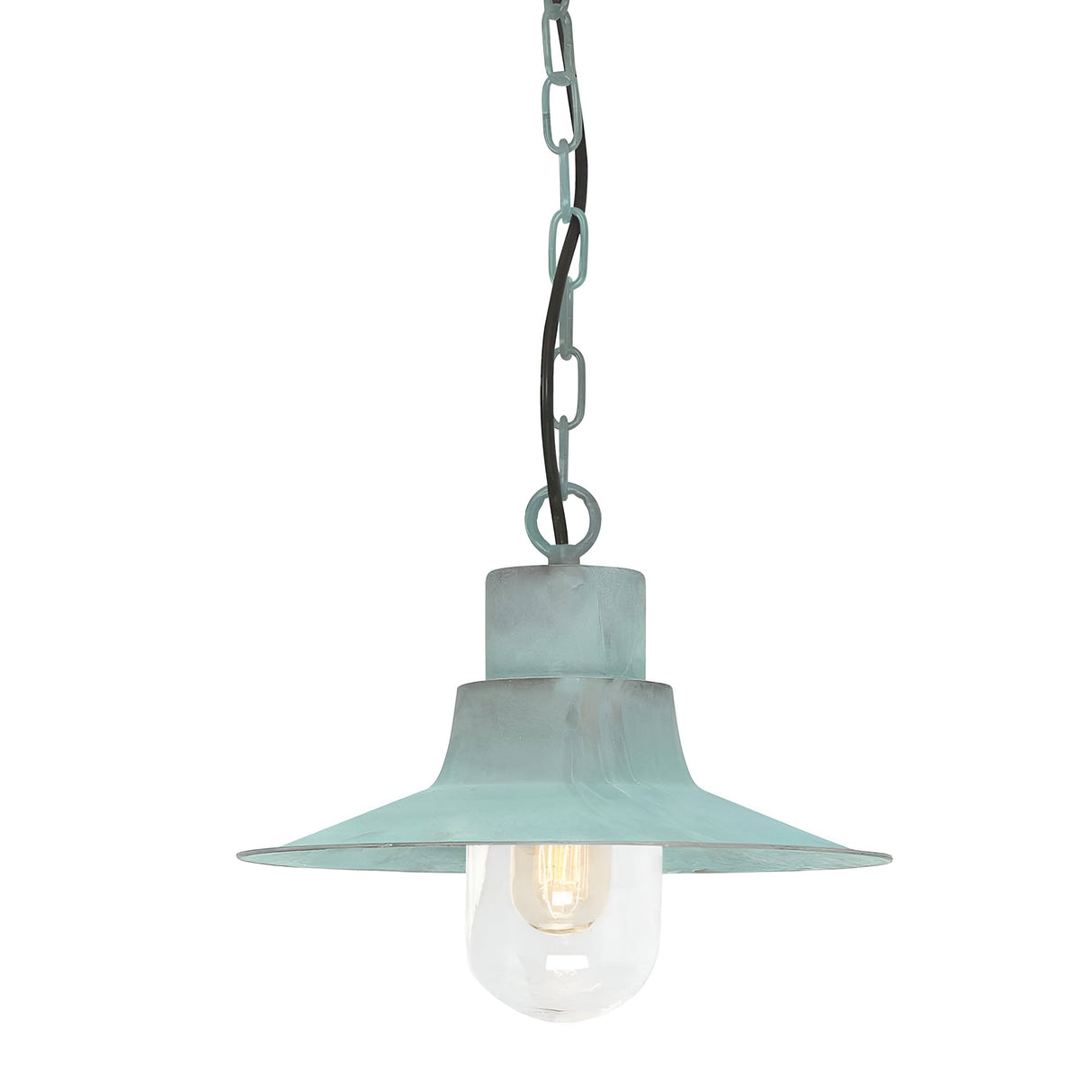 Introducing the Sheldon 1 Light Outdoor Chain Pendant in Verdigris, featuring a vintage industrial look with its turquoise hue. This pendant includes a wide, flared metal shade and displays a visible light bulb encased in a clear glass cover, all elegantly supported by a chain link cord. The verdigris finish enhances its style and adds character to this unique piece.