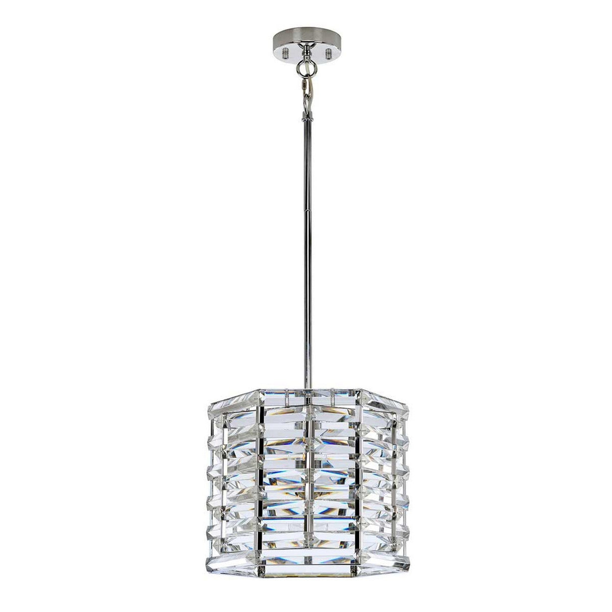 The Shoal 1 Light Pendant - Polished Nickel features a modern design with its geometric, crystal-like shade hanging from a polished nickel rod and ceiling mount. Its layered clear glass panels produce a prism effect, adding a touch of contemporary elegance.