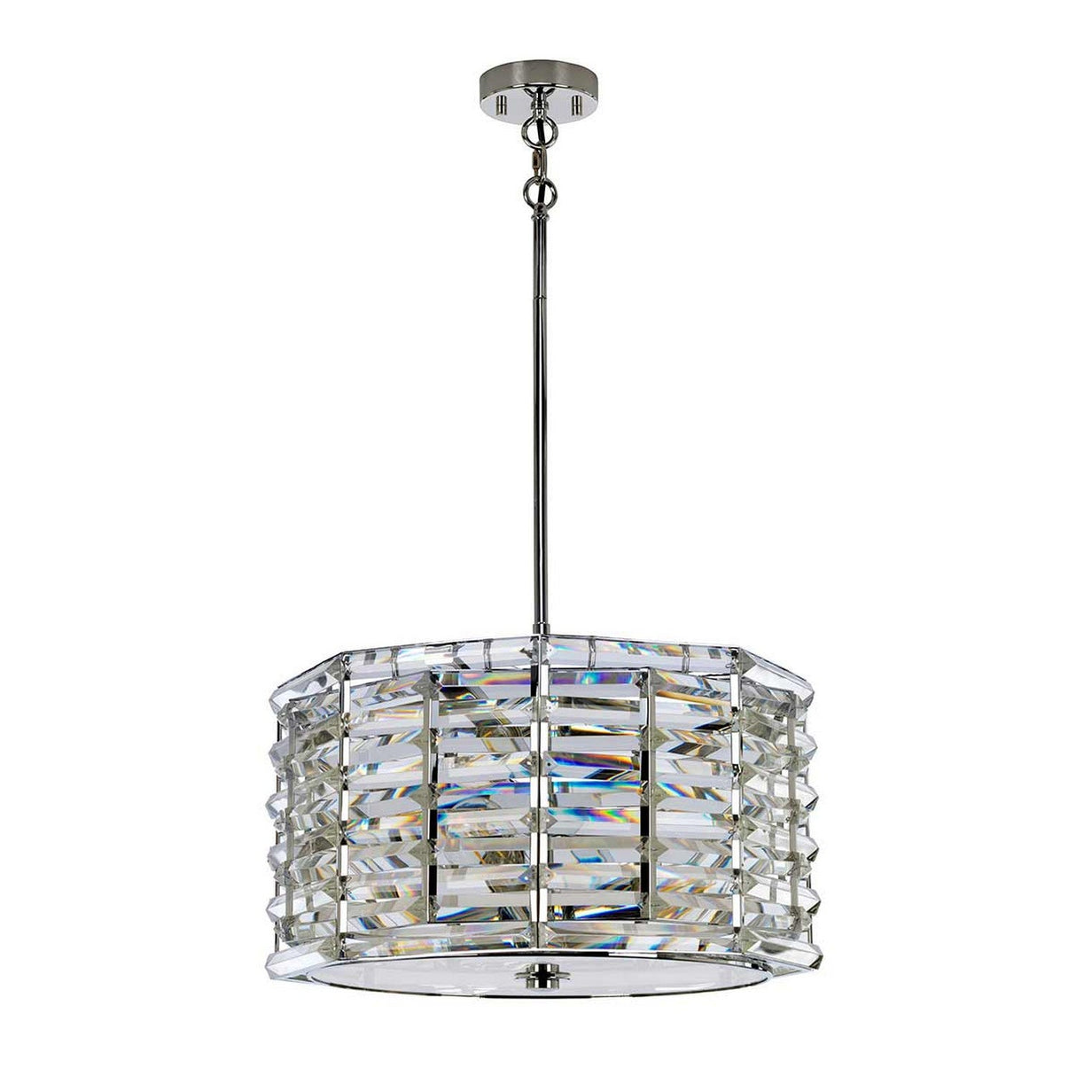 The Shoal 4 Light Chandelier in Polished Nickel is a luxury piece with a cylindrical design. It features a sleek silver metal frame embellished with geometric crystal accents, elegantly suspended from a silver chain. This chandelier casts mesmerizing prismatic reflections that elevate any space into an arena of sophistication.