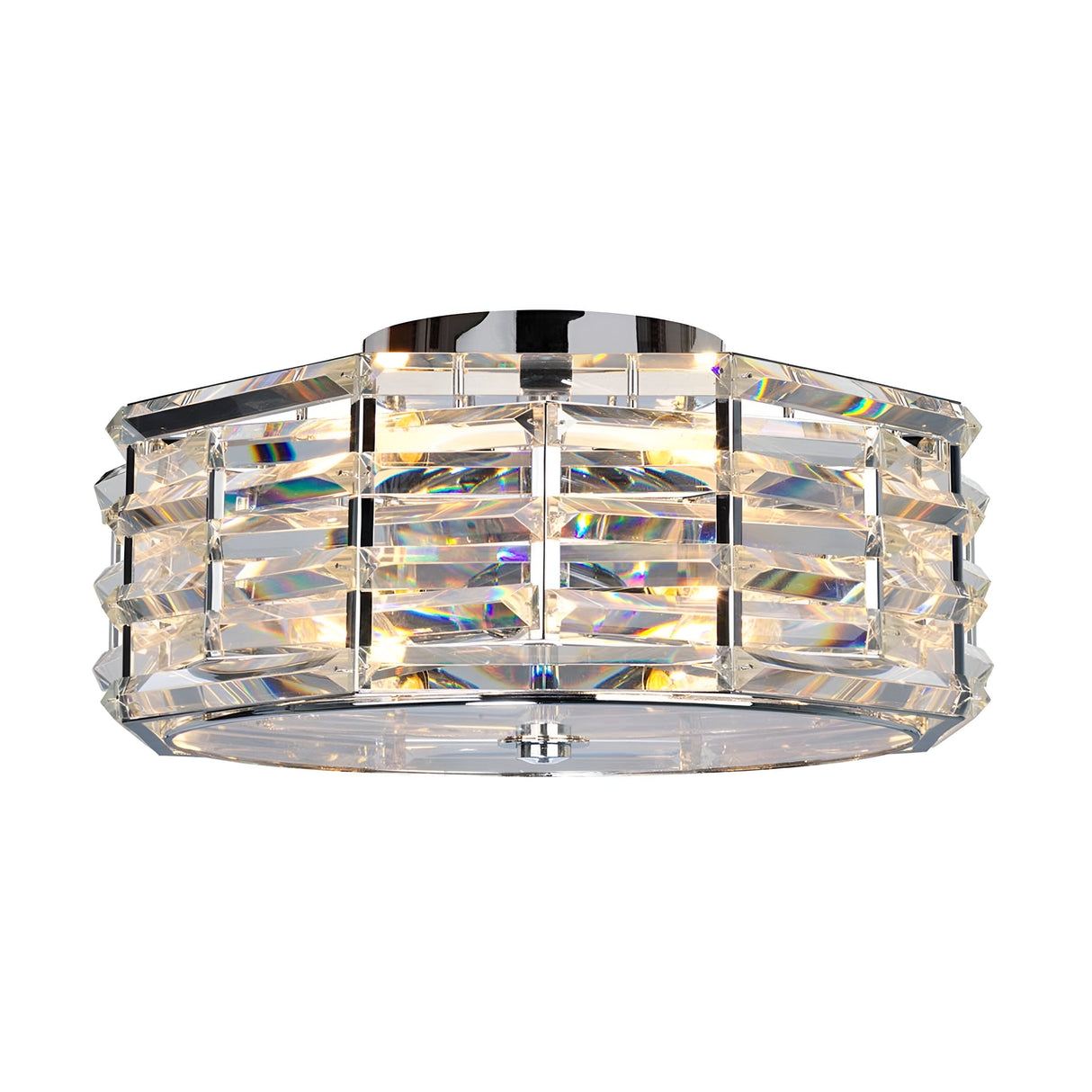 The Shoal 4 Light Flush - Polished Nickel boasts a round, semi-flush design adorned with intertwining crystals. Its layered crystal panels generate a prism effect, casting a warm glow that beautifully reflects light while epitomizing contemporary elegance.