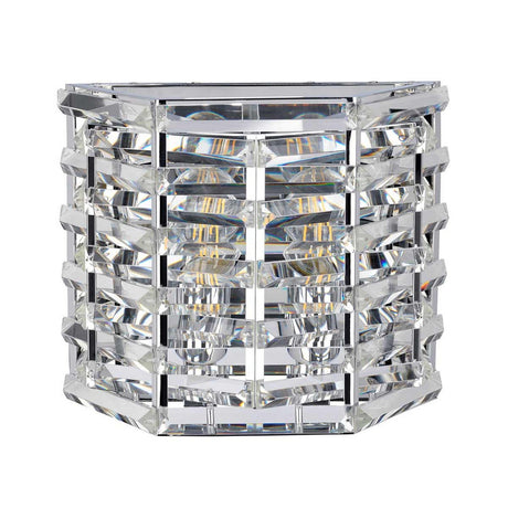 The Shoal 2 Light Wall Light in polished nickel showcases a contemporary rectangular design with multiple horizontal clear glass panels. Within the fixture, a visible LED bulb casts light, creating a reflective pattern through the glass strips. The polished nickel frame enhances its elegant and sleek modern appearance.
