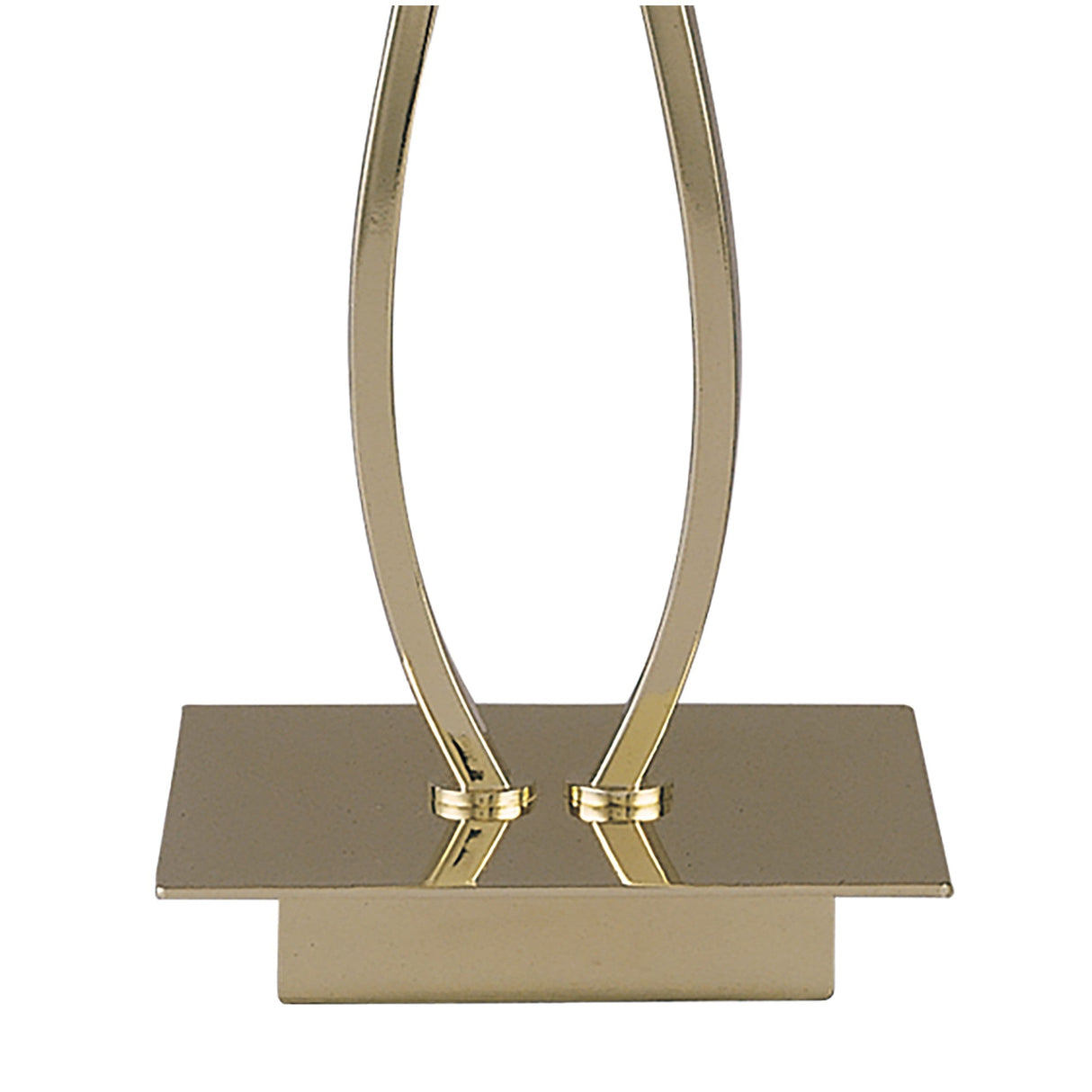 The Siena 2 Light Crystal Table Lamp features a polished brass base with two curved rods extending upward from a rectangular platform. Its shiny, reflective surface and amber shades enhance any space, perfect for elegant ambient lighting.