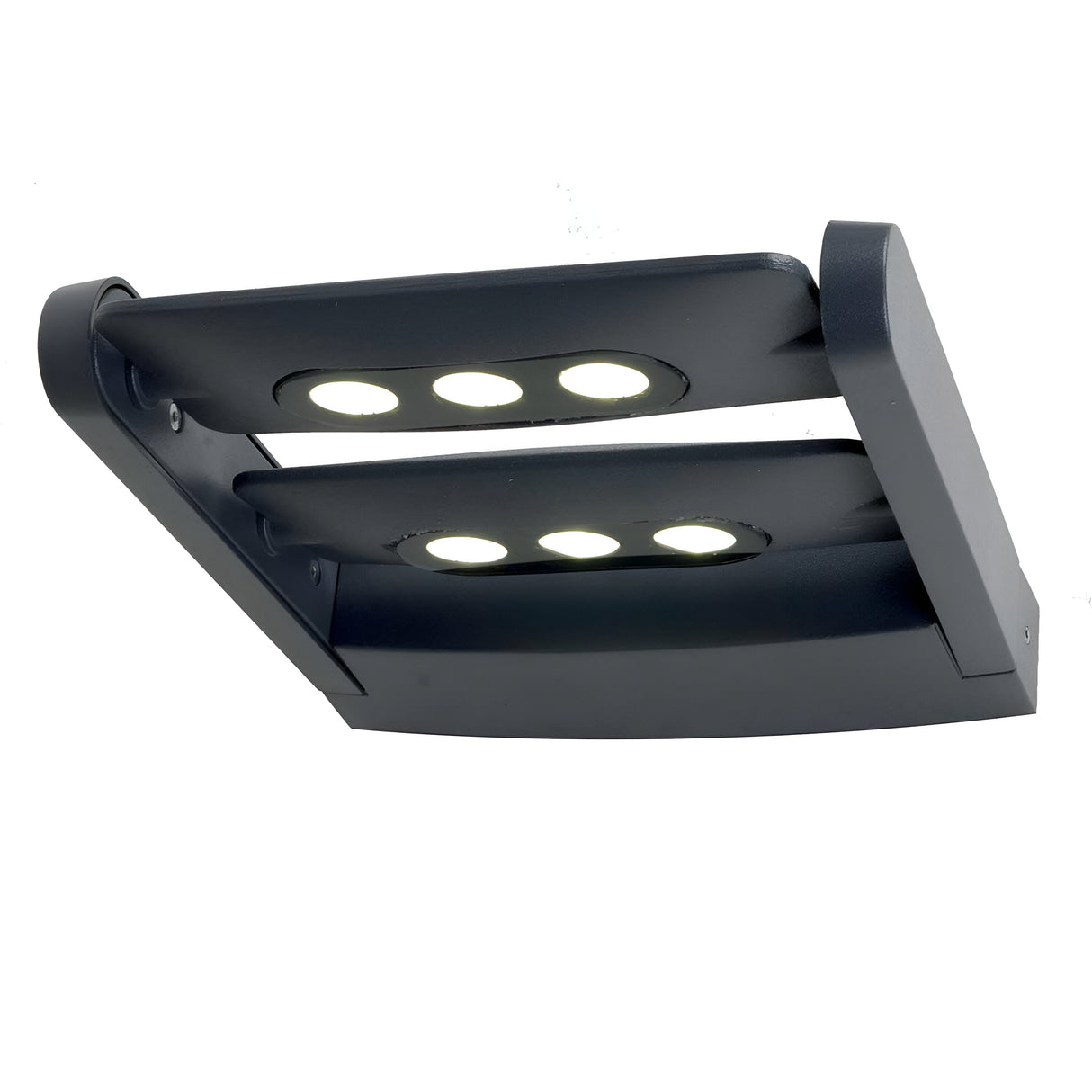 Introducing the Sigmund 6 Light Outdoor Wall Light - Graphite, a contemporary fixture featuring advanced LED technology with six circular bulbs arranged in two rows. Its sleek, rectangular design and curved cover deliver stylish illumination, making it an ideal choice for modern exteriors. Additionally, its IP65 rating guarantees durability against harsh weather conditions.