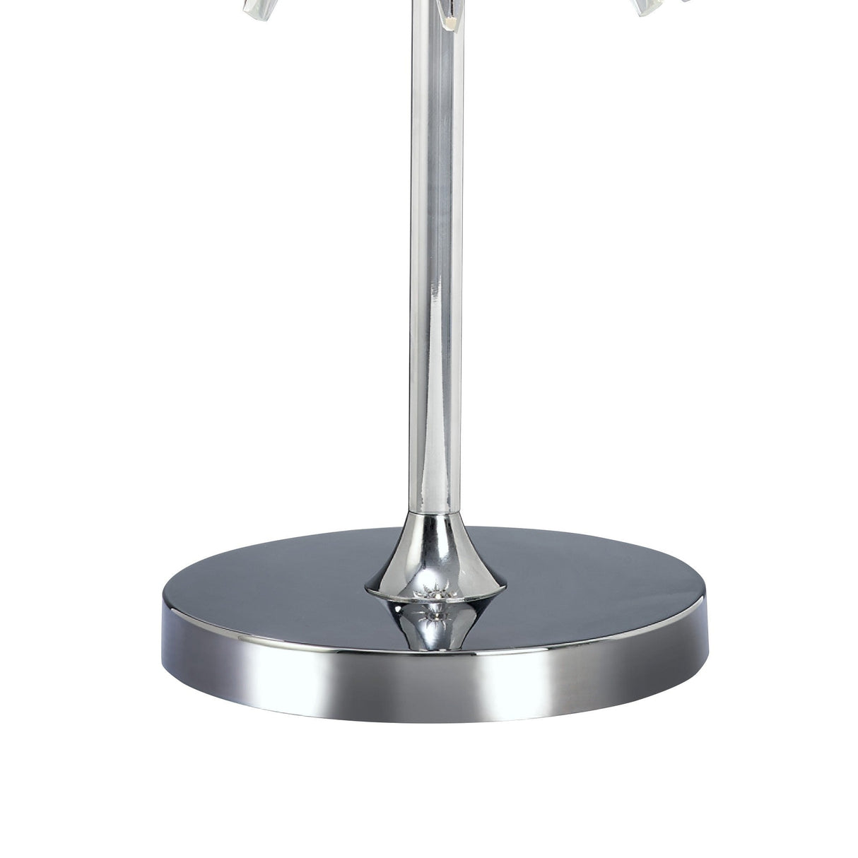 The Sinclair 4 Light Crystal Table Lamp features a polished chrome, round, reflective base with a sleek central support pole, perfect for adding contemporary elegance and bright lighting to any space.