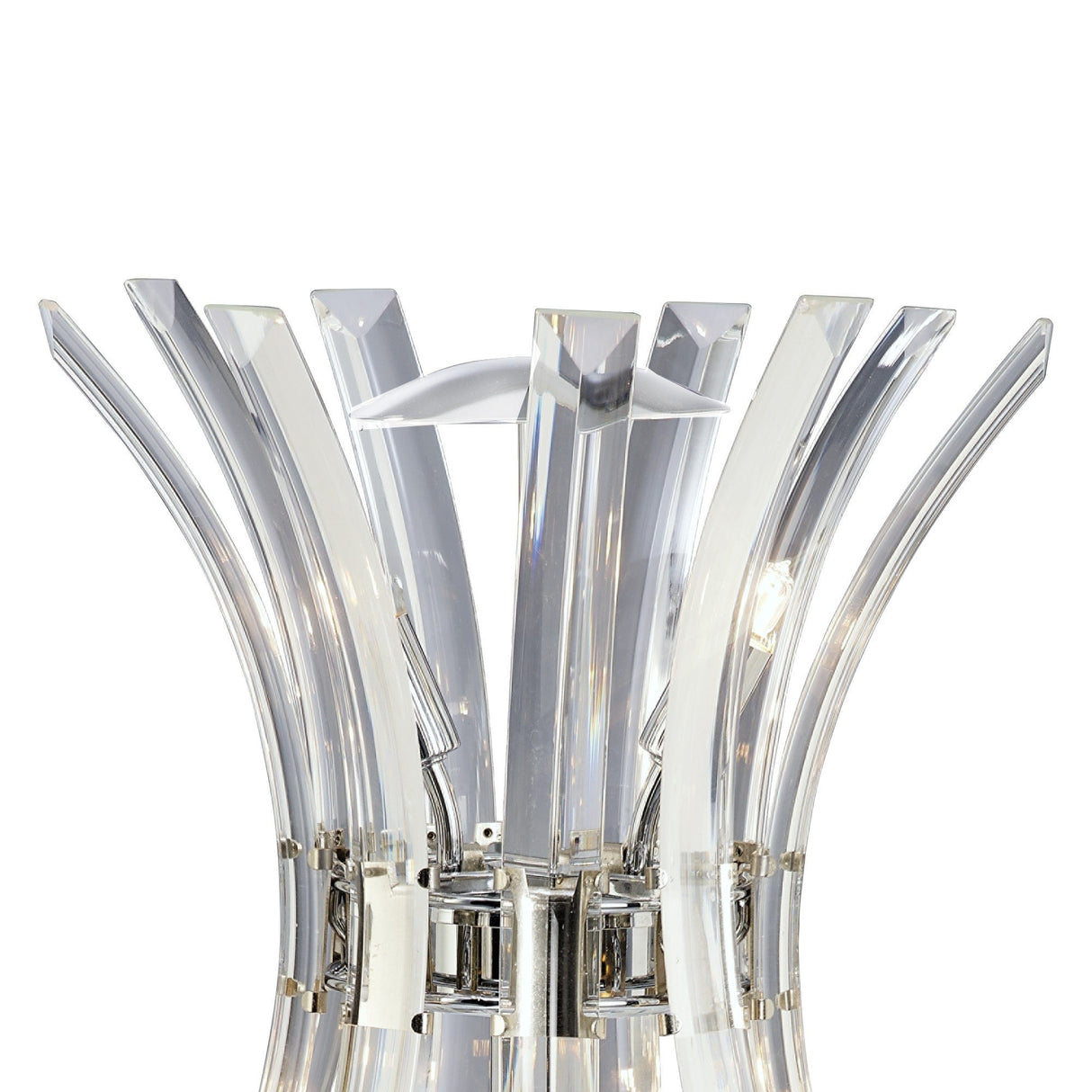 A close-up of the Sinclair 4 Light Crystal Table Lamp features clear, curved crystal pieces fanning outward like petals, mounted on a polished chrome base.