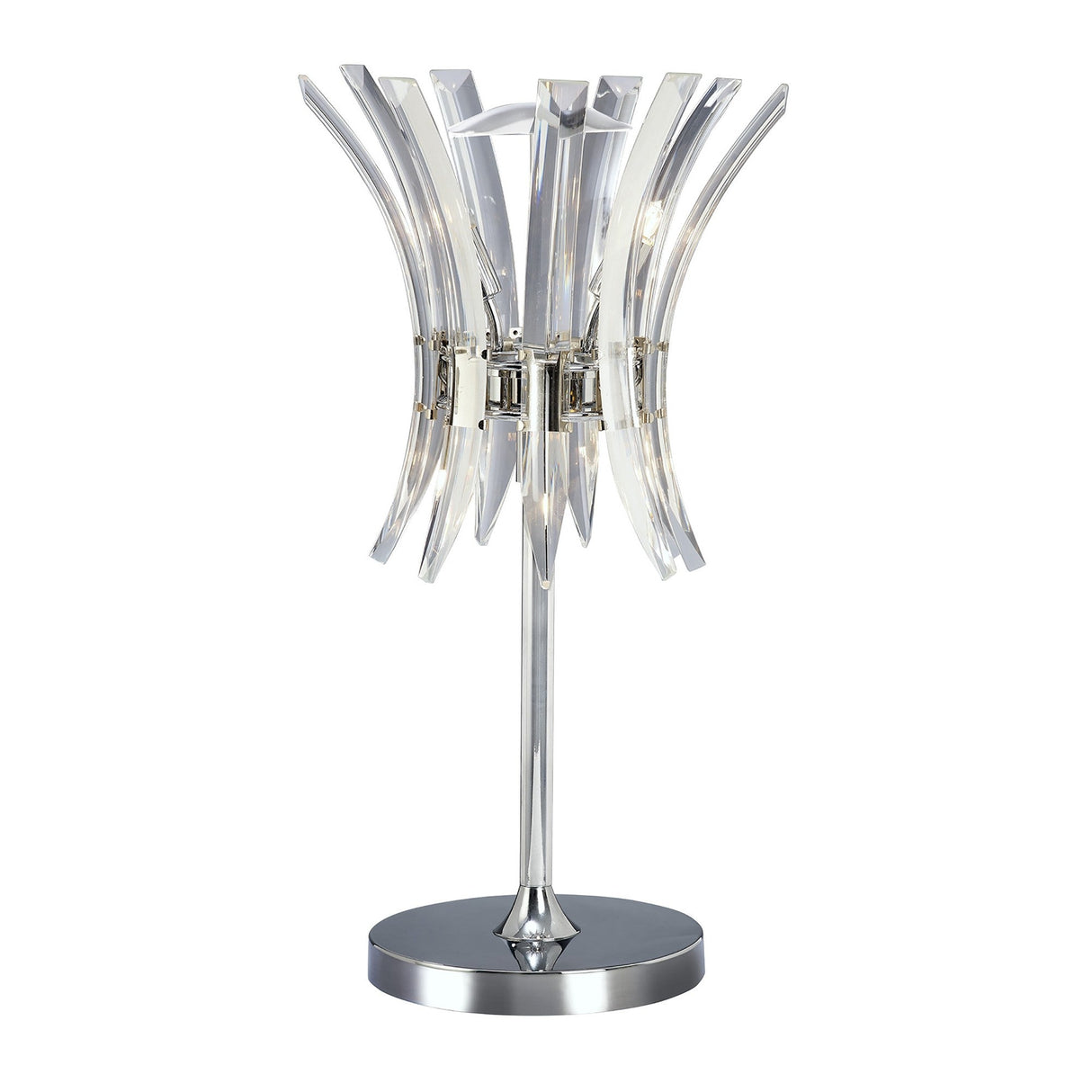 The Sinclair 4 Light Crystal Table Lamp features a polished chrome base and a decorative clear acrylic shade with curved, blade-like accents for striking contemporary style and sculptural lighting.